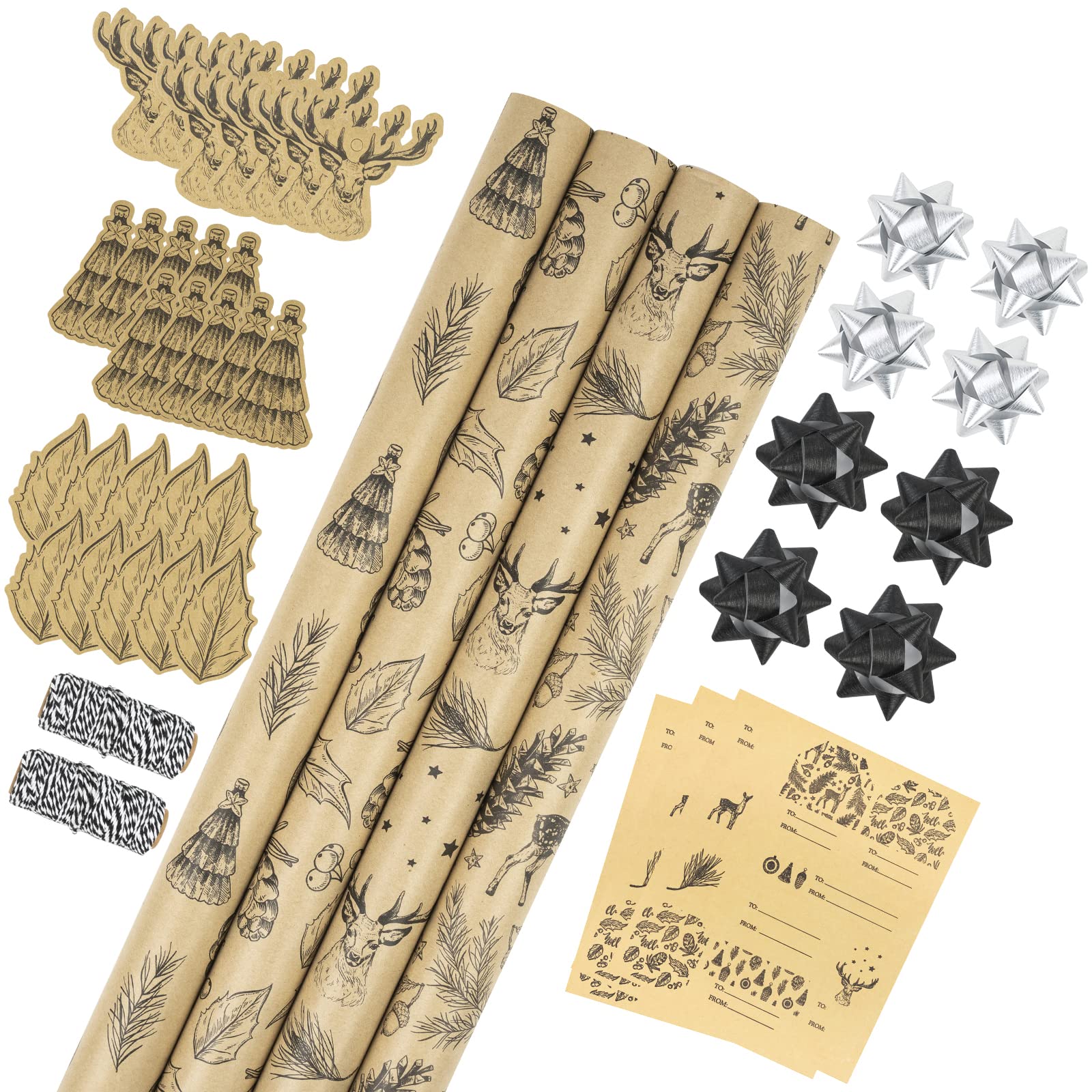 RUSPEPA Christmas Wrapping Paper Set - 4 Rolls of Kraft Wrapping Paper (30 Inches x 10 Feet Per Roll) with 8 Gift Bows, 1 Spools of Bakers Twine, Jute String, 30 Stickers and 30 Gift Tags - Black