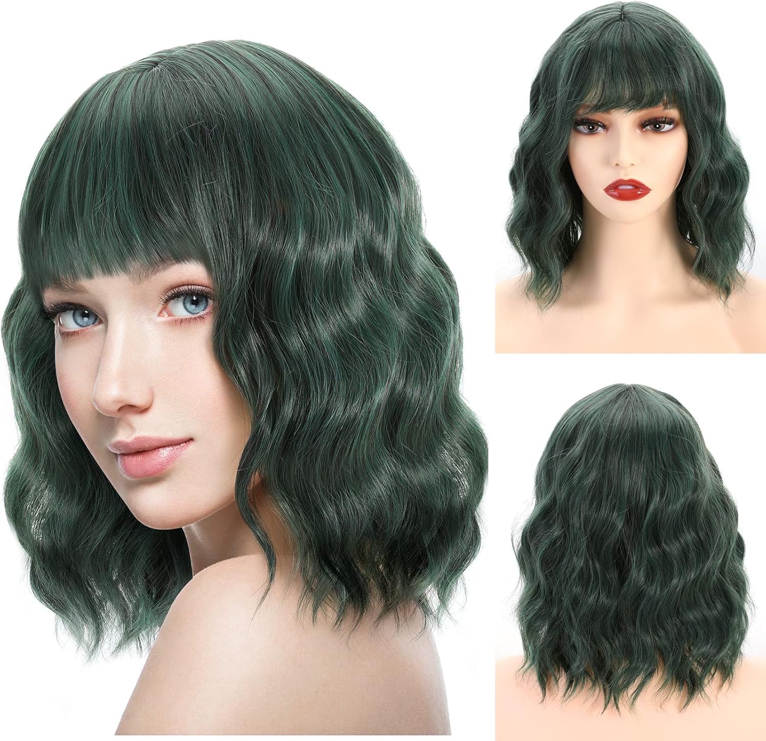 Luxspire Pelucas Mujer Pelo Natural, Pelucas Cabello, 14 Pulgadas Pelo Natural Corto Moderno,con Flequillo Ligeramente Rizado para Cosplay Fiesta Vida Diaria – Ejército Verde