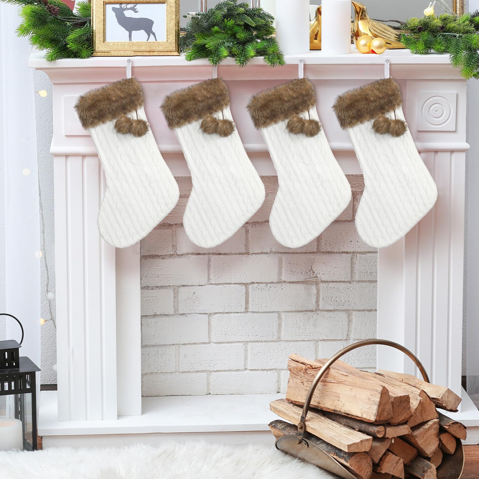 Weihnachtsstrümpfe, 45,7 cm, große Weihnachtsstrümpfe mit Kunstfell-Manschette, hängende Weihnachtsstrümpfe, rustikale Ornamente für Weihnachten, Feiertage, Dekorationen, Familienparty, Weiß, 4