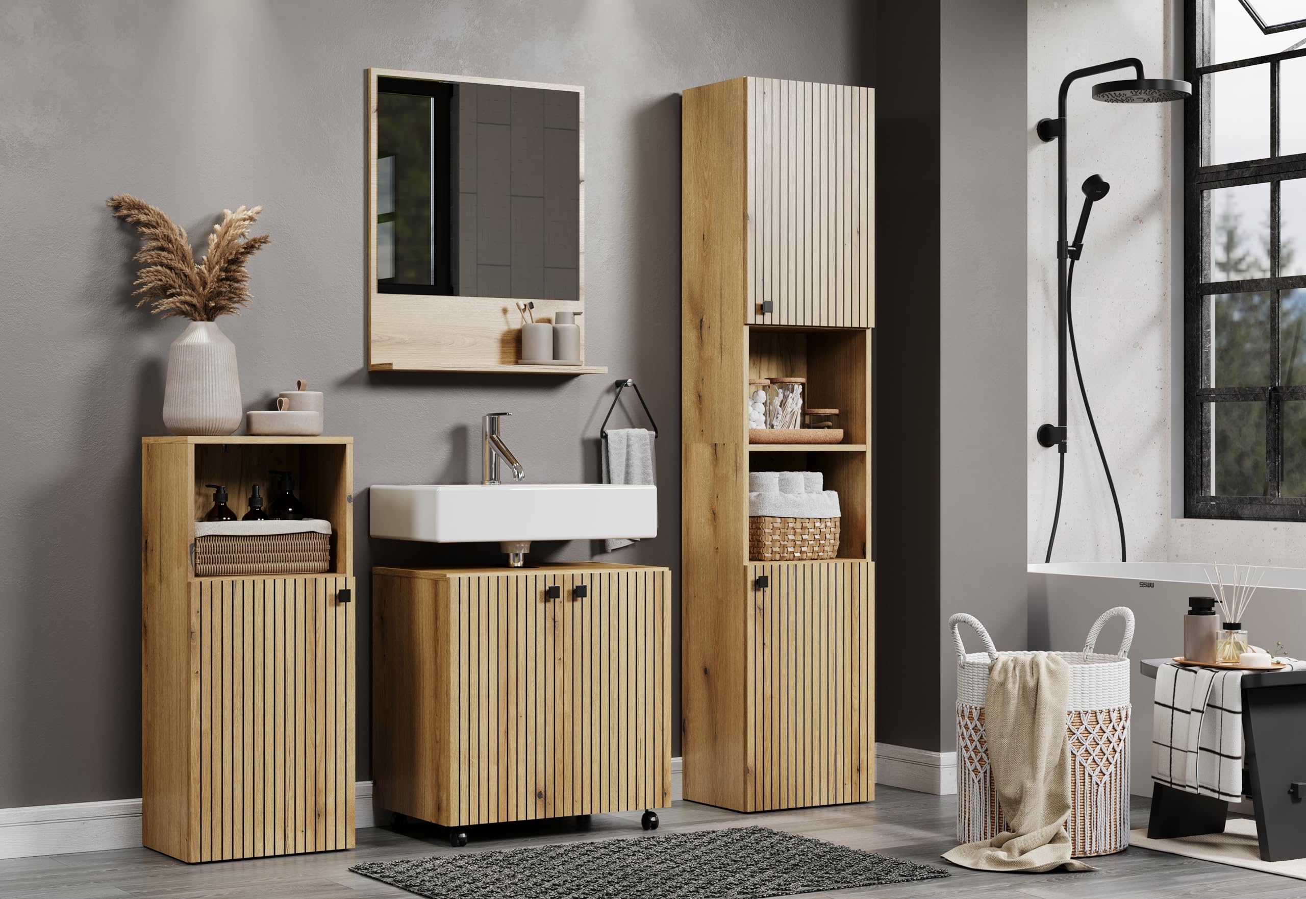 trendteam smart living - PureBliss - Waschbeckenunterschrank auf Rollen - Evoke Eiche - Rillenoptik - 1 Einlegeboden - (BxHxT) 60 x 64 x 42cm - edle Metallgriffe - kratzfest