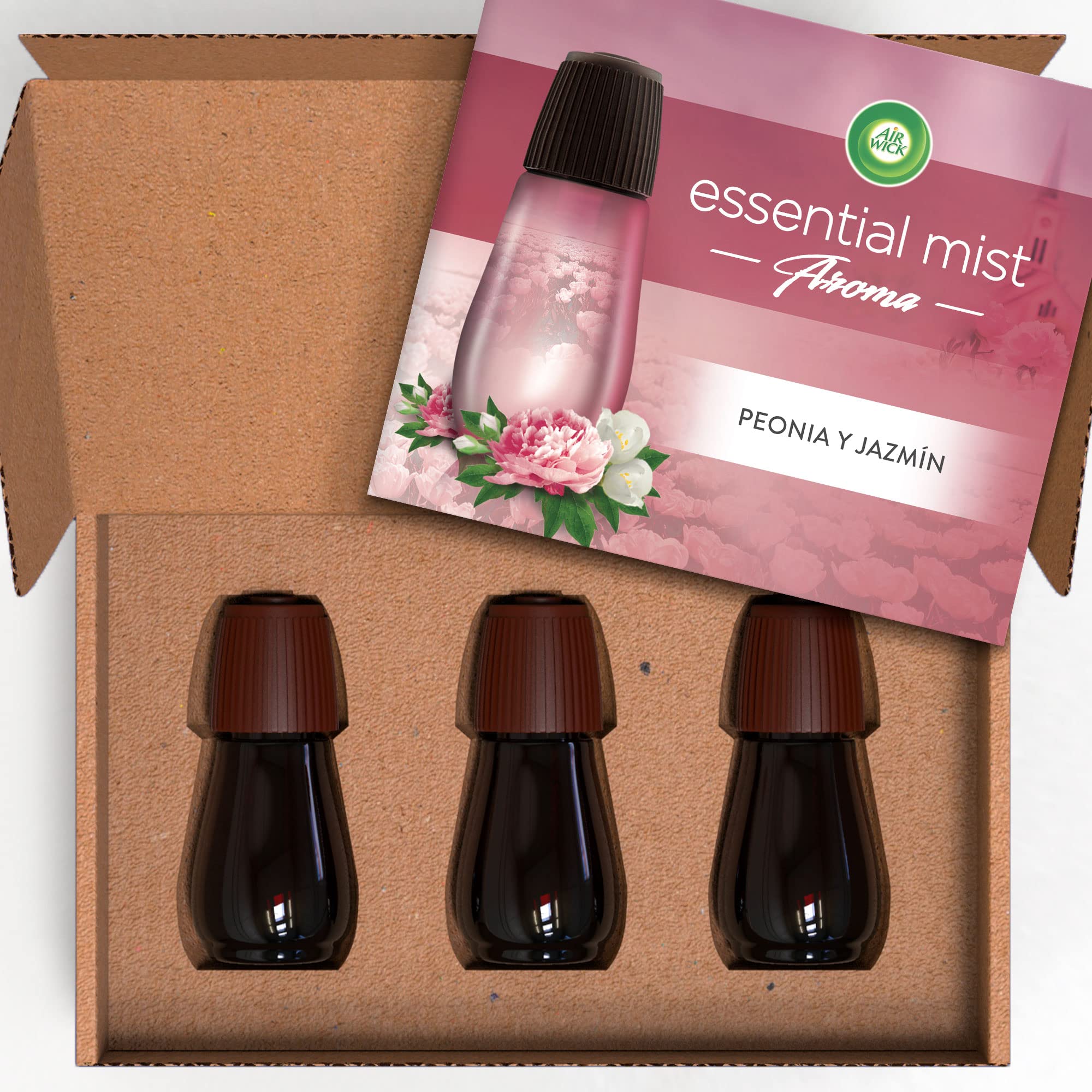 Air Wick Essential Mist - Recambio de Ambientador Difusor de Aceites Esenciales con Aroma a Peonia y Jazmín, Multicolor, 3 x 20ml