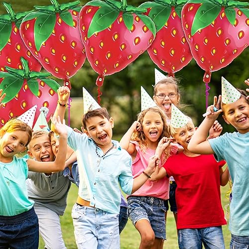 Miniatura 4 de Globos de fresa, 6 globos de frutas dulces para decoraciones de fiesta de cumpleaños, globo de aluminio de fresa para fiesta temática de fresas,