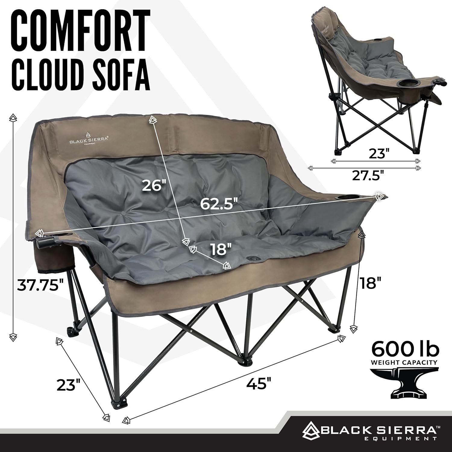 Black Sierra Double Loveseat Comfort Camping Couch, Oversized Folding Chair for Adults, 600‑lb Capacity, Plush Padded Heavy Duty Outdoor Seat with Cup Holders & Carry Bag for Beach, RV | Double loveseat, 600 lb capacity, Padded comfort, Outdoor ready, Cup holders, Carry bag incl