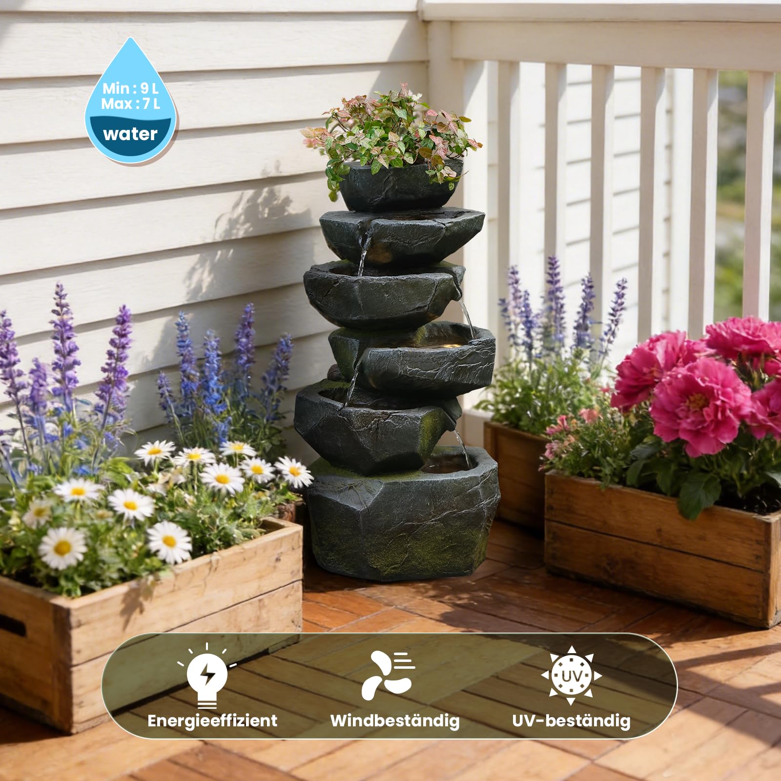 Sunlinua Gartenbrunnen aus Kunstharz in Steinoptik mit LED-Wasserfall-Design, geeignet für Terrasse, Balkon, Garten und Eingangsbereich, 34L × 22B × 70H cm | Grau