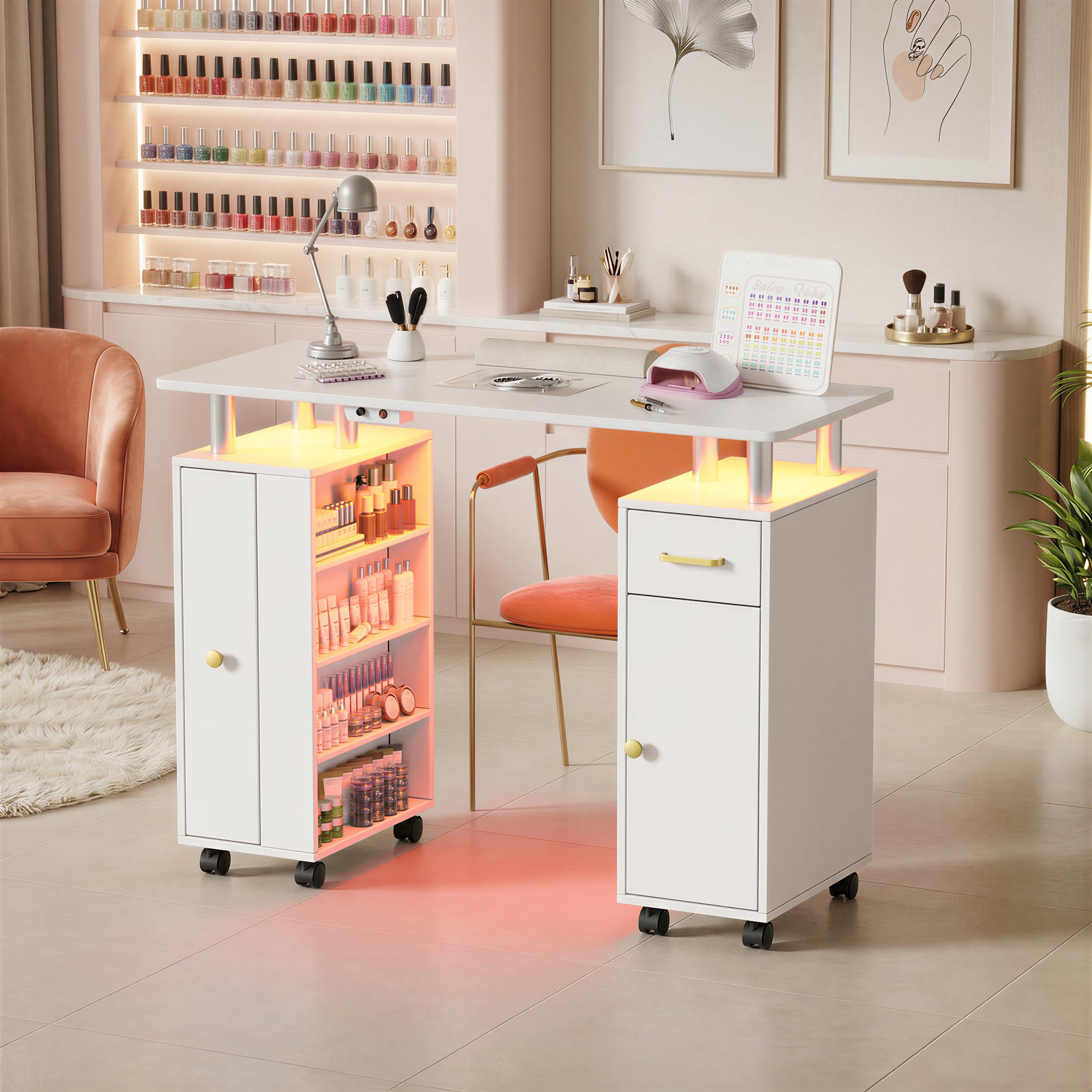 Mesa de uñas con extracción de polvo, mesa de manicura profesional para diseño de uñas, mesa estable con luces LED, 1 armario vertical y estante abierto, 2 bolsas de aspiradora