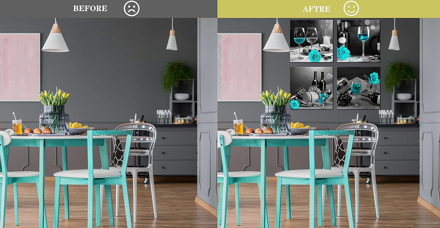 Large Kitchen Wall-Art - Teal Wine Wall Art For Living Room - Modern Rose Artwork 4 Pieces Framed Canvas Art 20x20 Inches