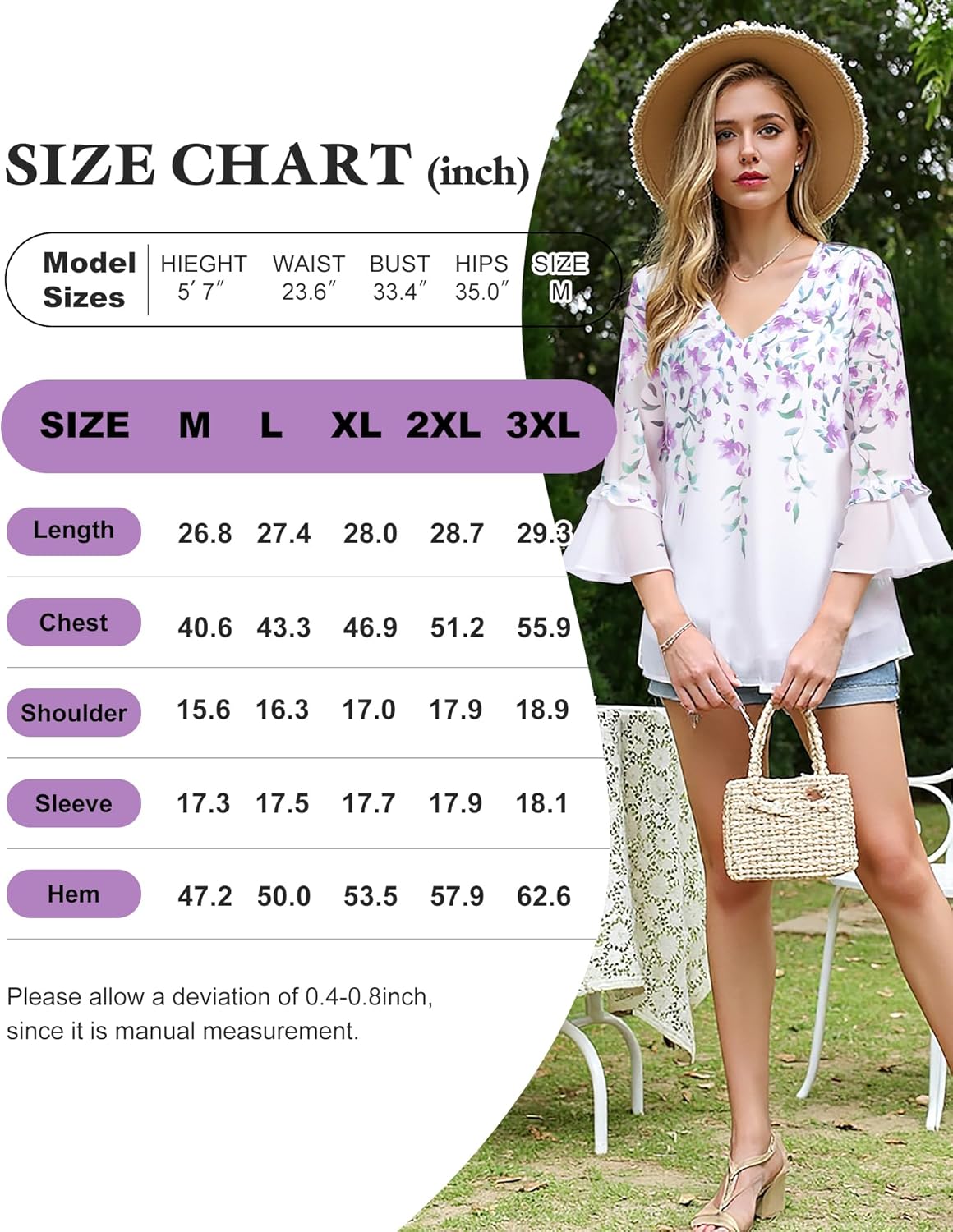 Bebonnie Womens Dressy Casual Tops Ruffle 3/4 Sleeve V Neck Floral Chiffon Blouses - Image 6