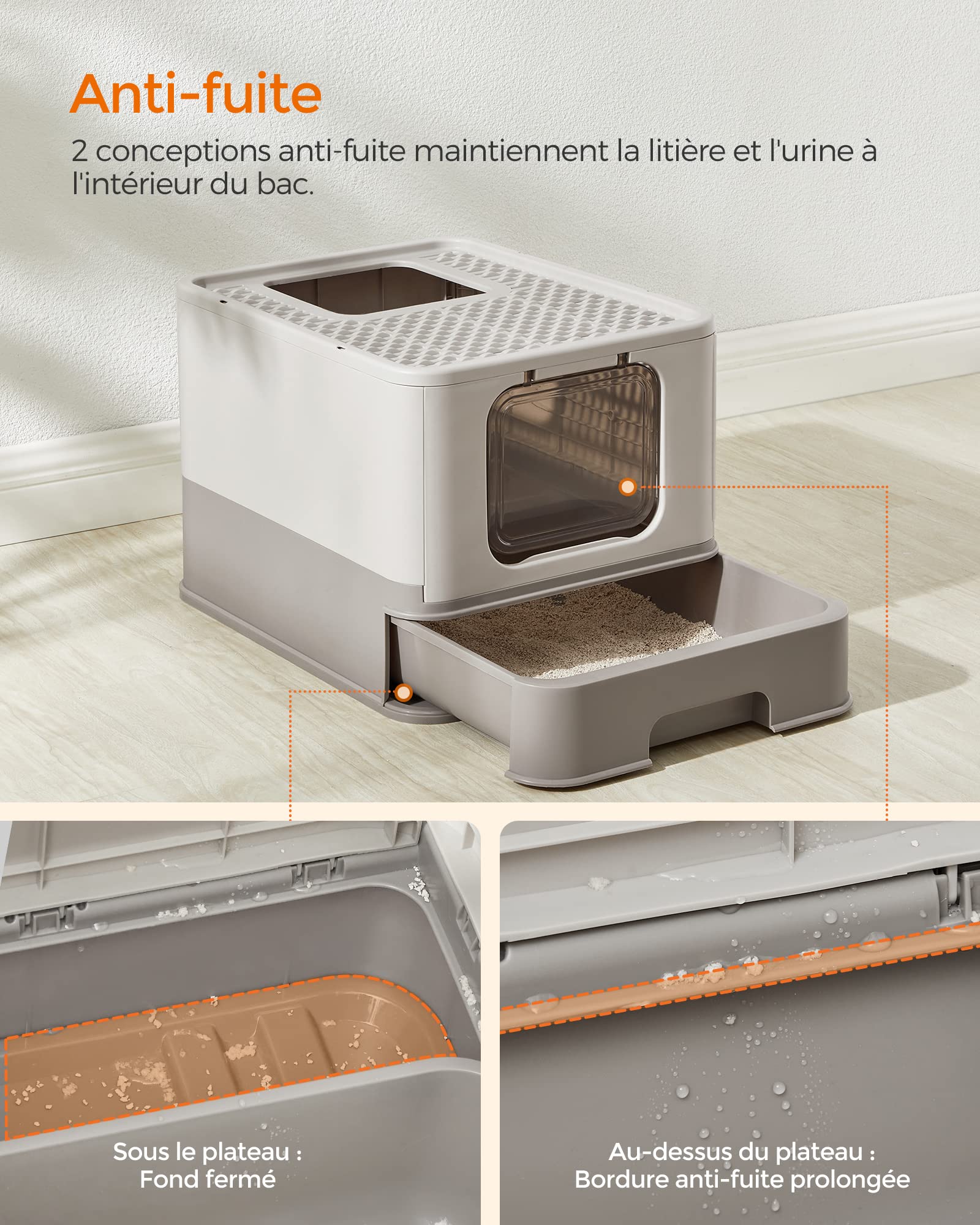 Feandrea Bac à Litière Fermé pour Grand Chat, Capacité de Charge 15 kg, Anti-Traces, Anti-fuites, Gris Clair et Gris Foncé