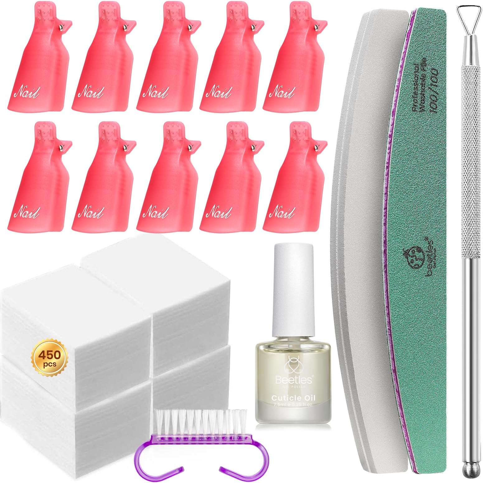 Beetles Gel Polish Remover Kit with 450 Pcs Lint Free Nail Wipes 10 Pcs Gel Polish Remover Clips Cuticle Oil Cuticle Pusher Nail File