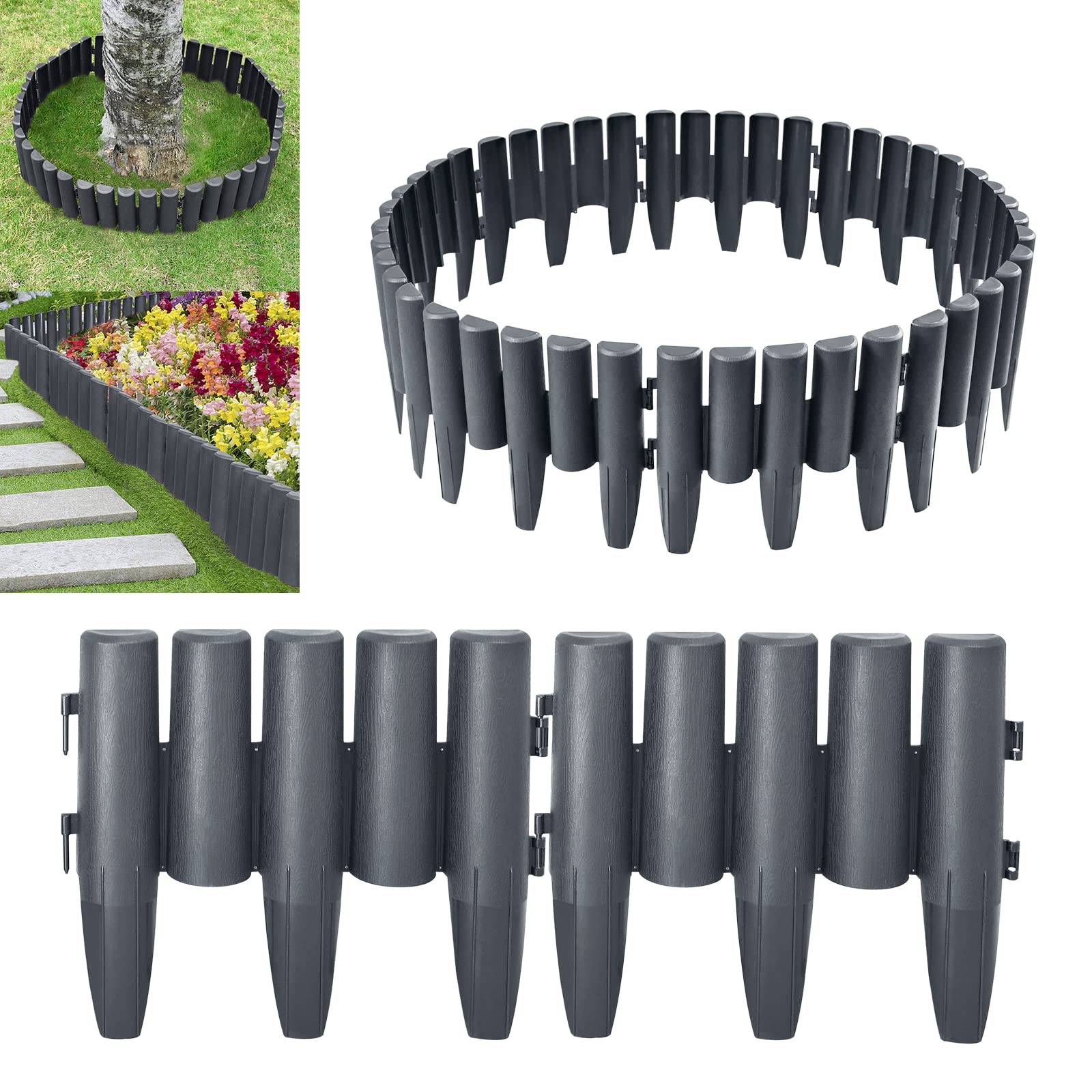 Aufun Juego de 30 bordes de césped de plástico, longitud 8,4 m, aspecto de madera, fronteras de polipropileno, borde de césped, jardín decorativo, antracita