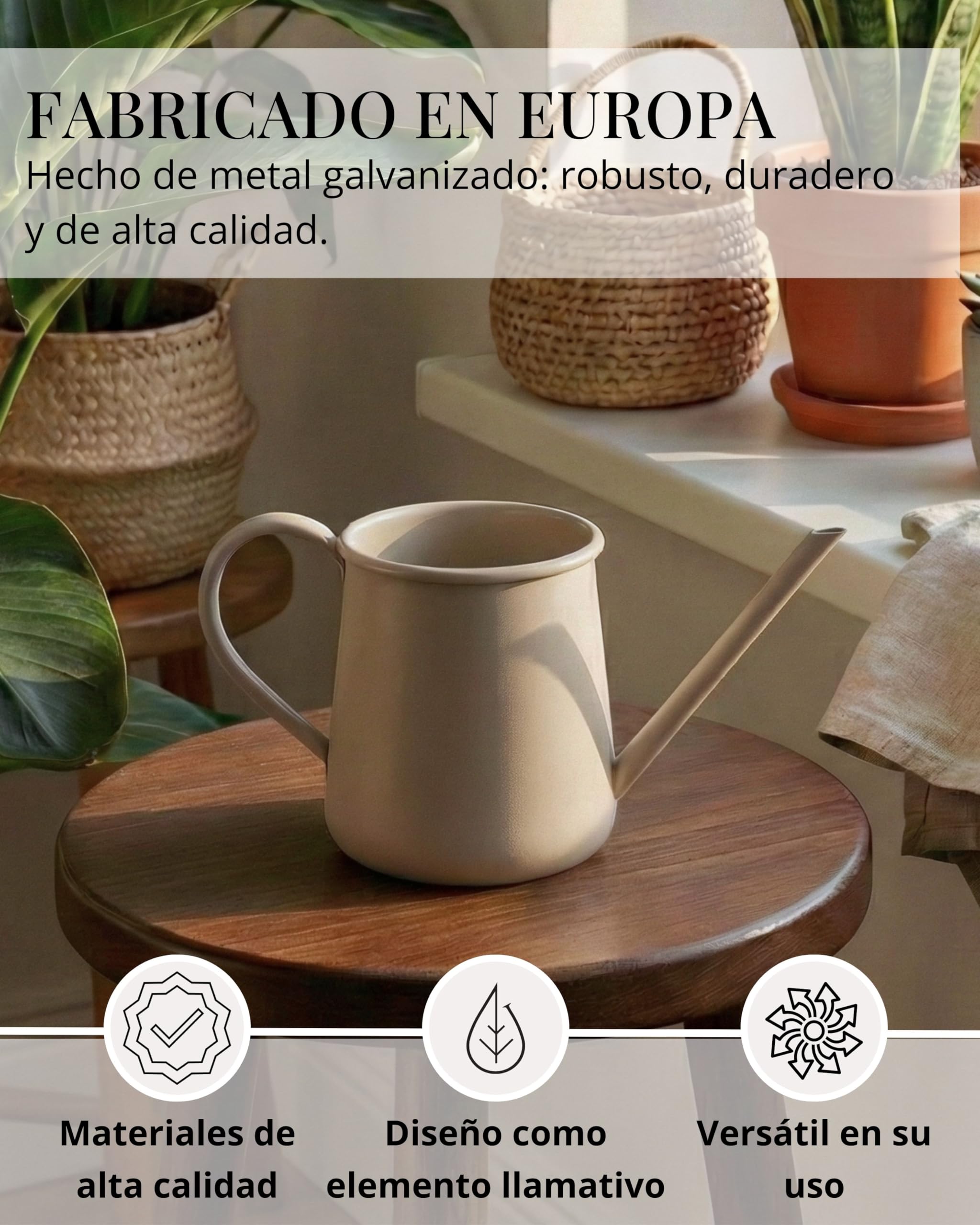 LIVLIG Regadera Pequeña 1 Litro – Metal con Pitorro Largo para Plantas Interior, Bonsai y Suculentas, Acabado Mate, Beige