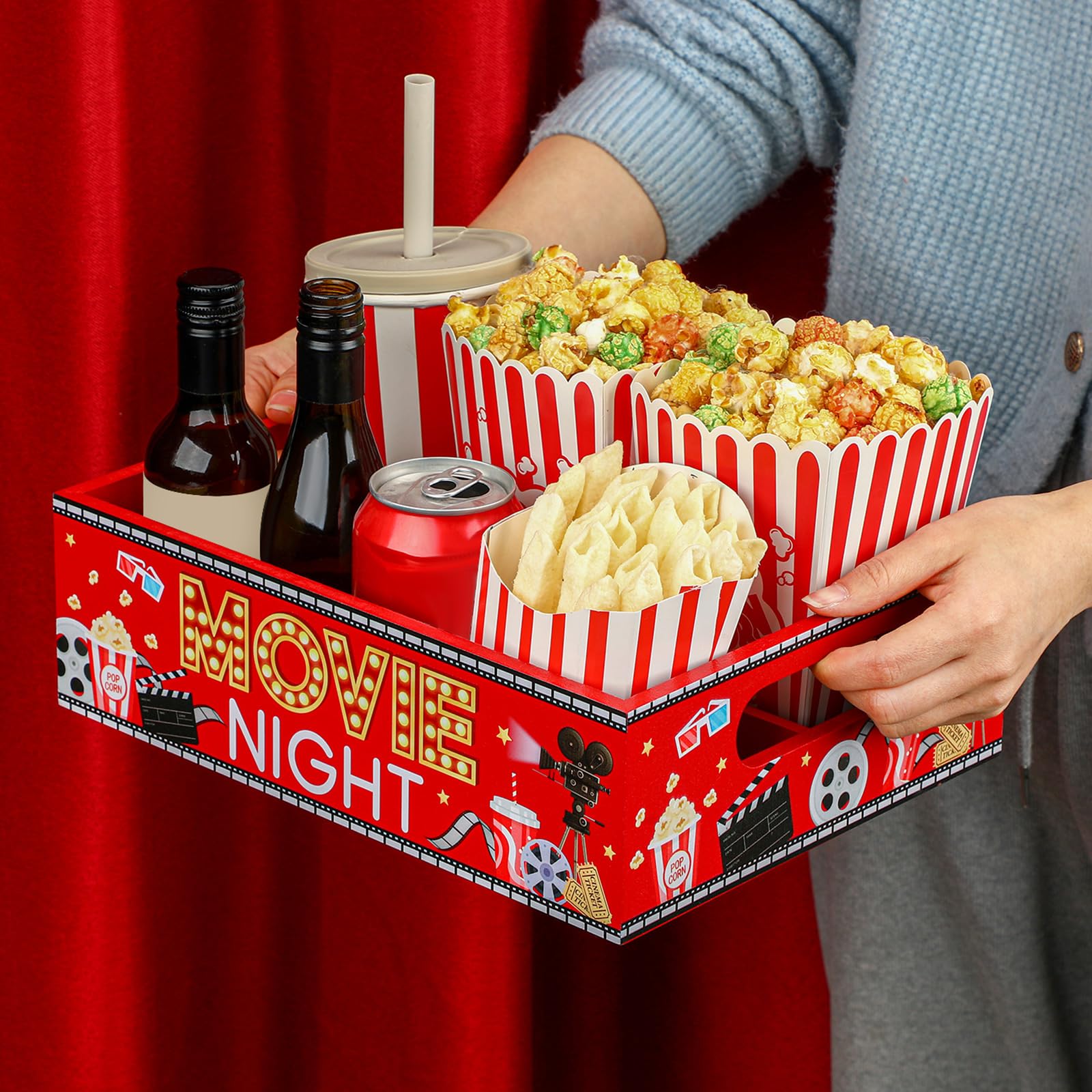 GlikCeil Bandeja de aperitivos con asas y 4 compartimentos para teatro, palomitas de maíz, reutilizable, cesta de regalo de noche de película, soporte organizador para decoración de sala de cine