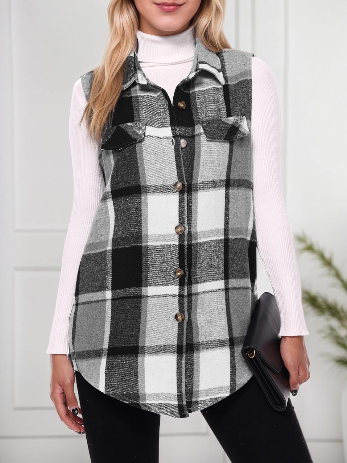 Am Direct Women's Plaid Flannel Sleeveless Shacket Button Down Vest Shirt Jacket With Pockets - Image 4