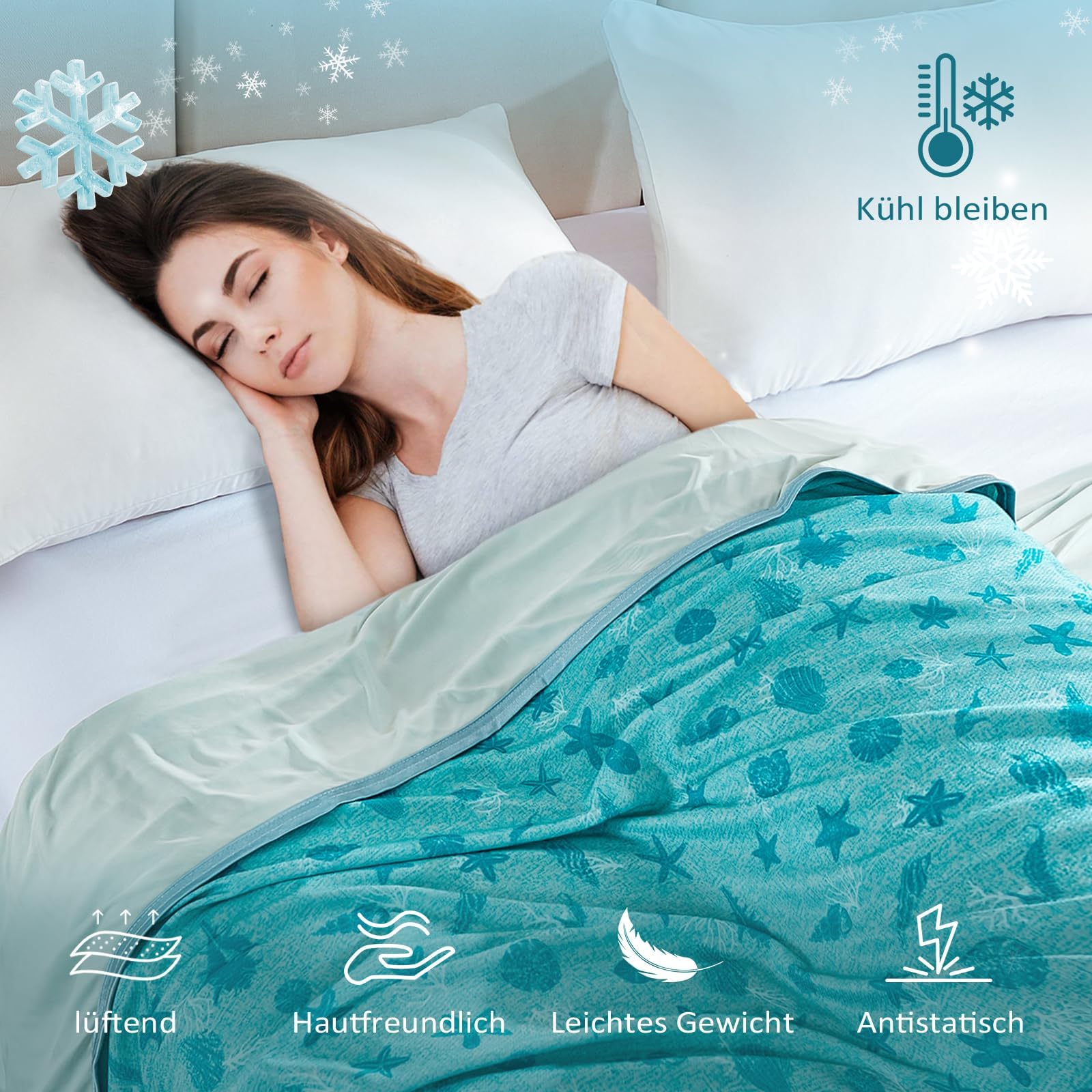 WONGS BEDDING Kühldecke Sommerdecke - mit Japanische Arc-Chill Q-Max 0,43 Kühlfasern, 2 in 1 Selbstkühlende kühlende Decke für Menschen zum Reisen Sofa Büro Betten Hause, Grün 200x220 cm