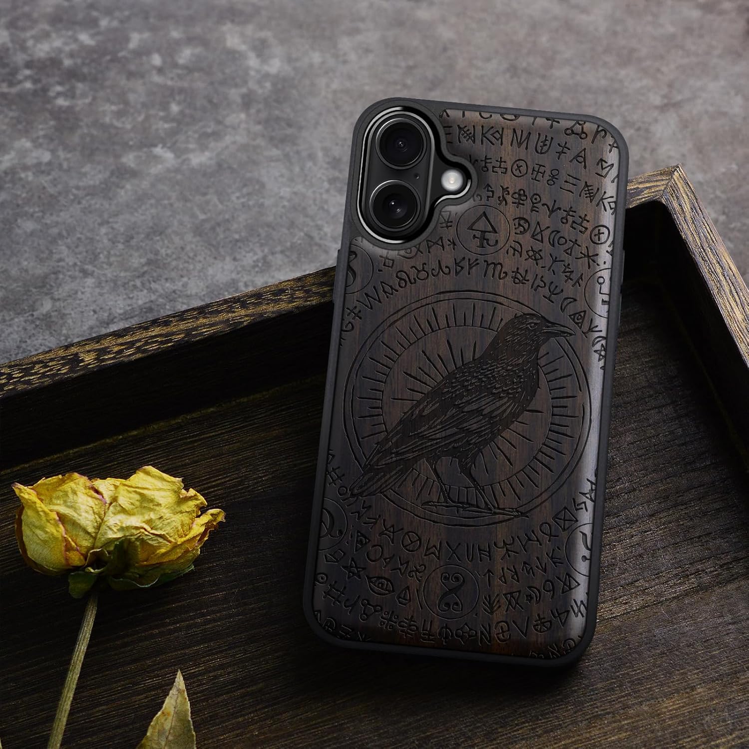 Carveit Magnetic Wooden Case for iPhone 17 Case, Wood Artisan Engraved & Black Soft TPU Shockproof Cover, Compatible with MagSafe Wireless Chargers (The Haloed Crow) Blackwood