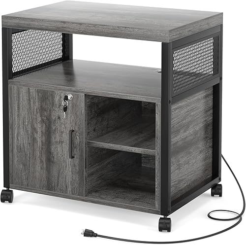 Miniatura 7 de Unikito Archivador lateral de oficina con enchufe y puerto de carga USB moderno soporte de impresora sobre ruedas gabinete de impresora con puerta y