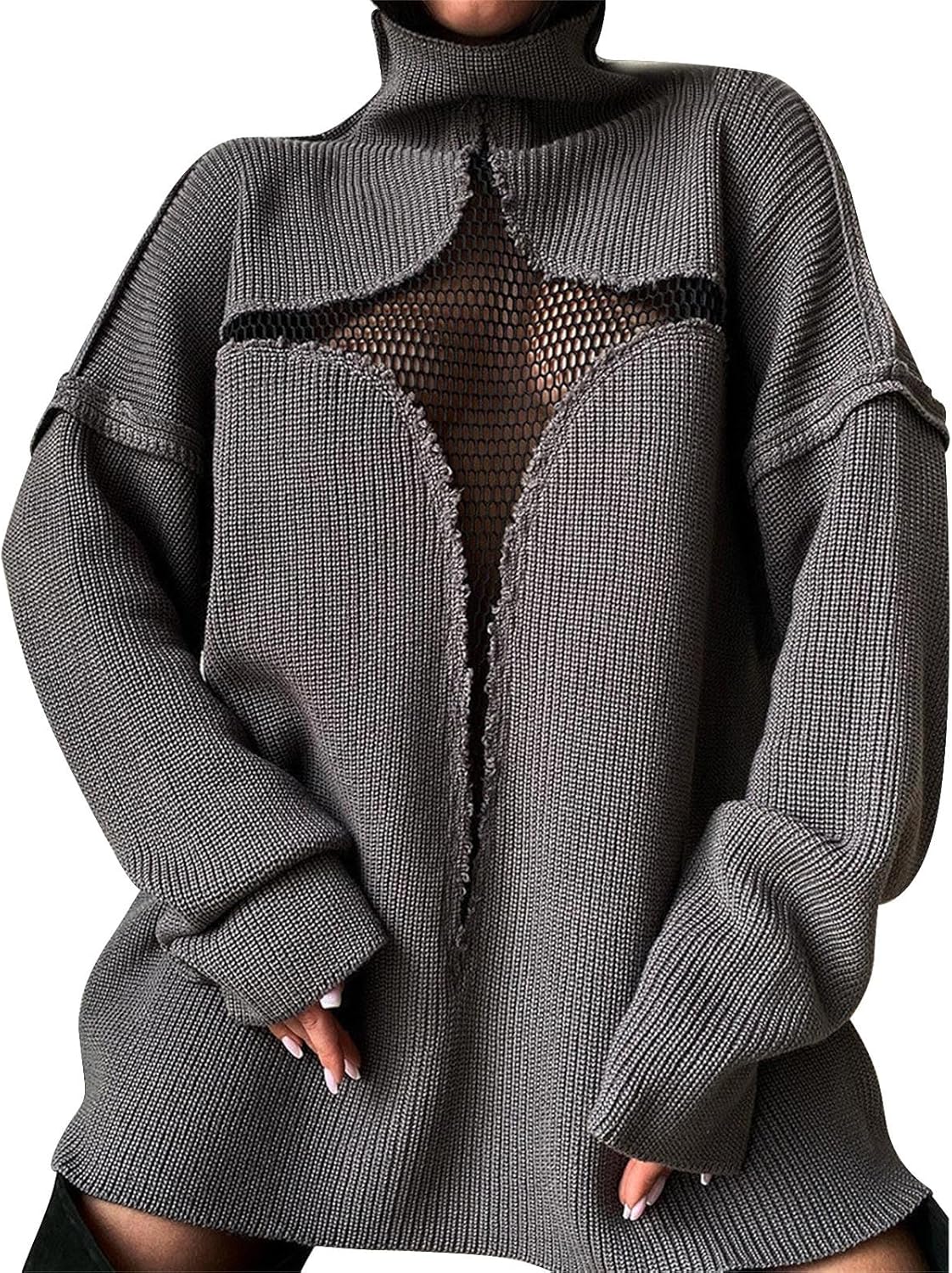 Heevina Sweaters for Women Turtle Neck Cutout Mesh Sexy Oversized Loose Thick High Neck Knit Winter Sweater Fall