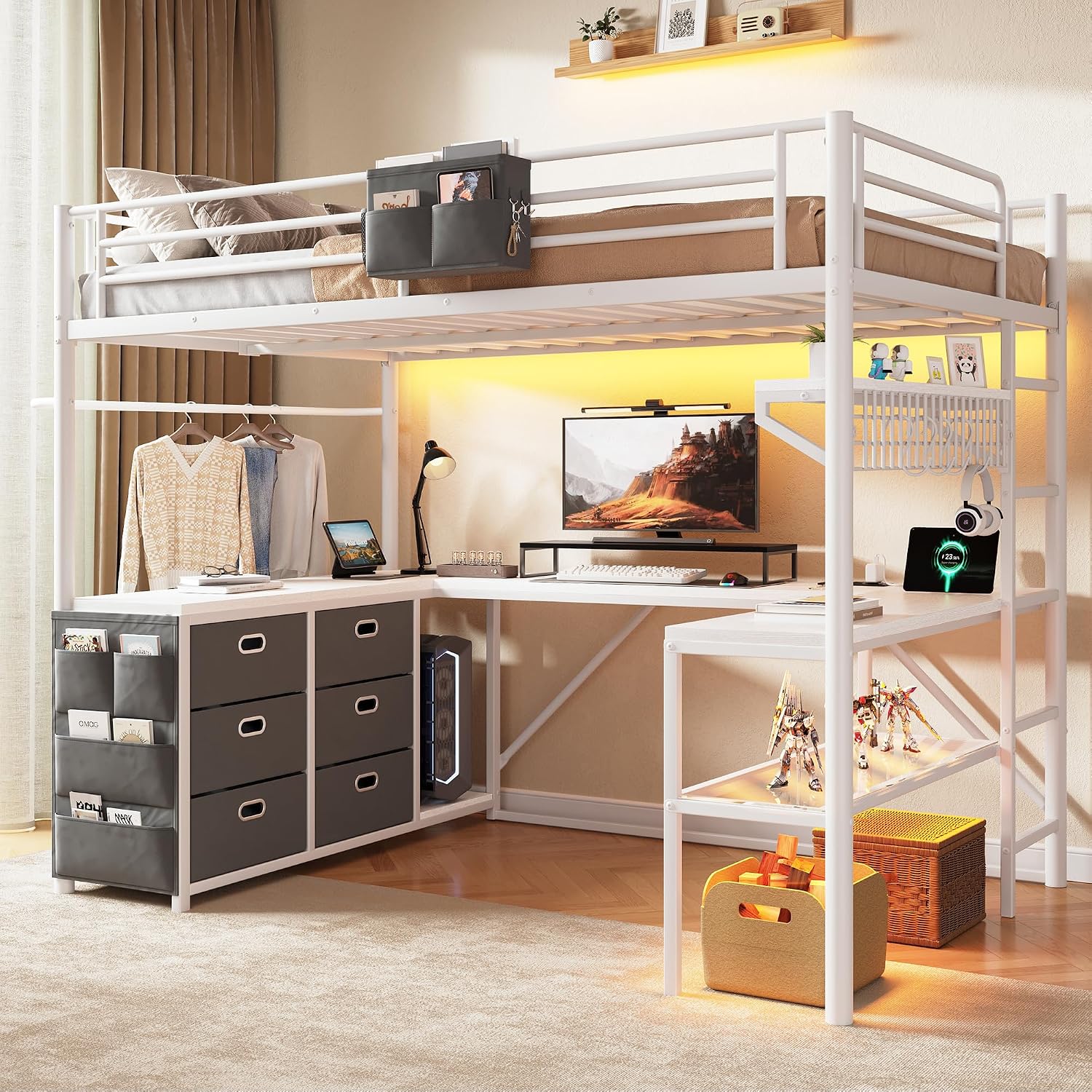 Full Loft Bed with U-Shaped Desk, 6 Storage Drawers, Charging Station,White