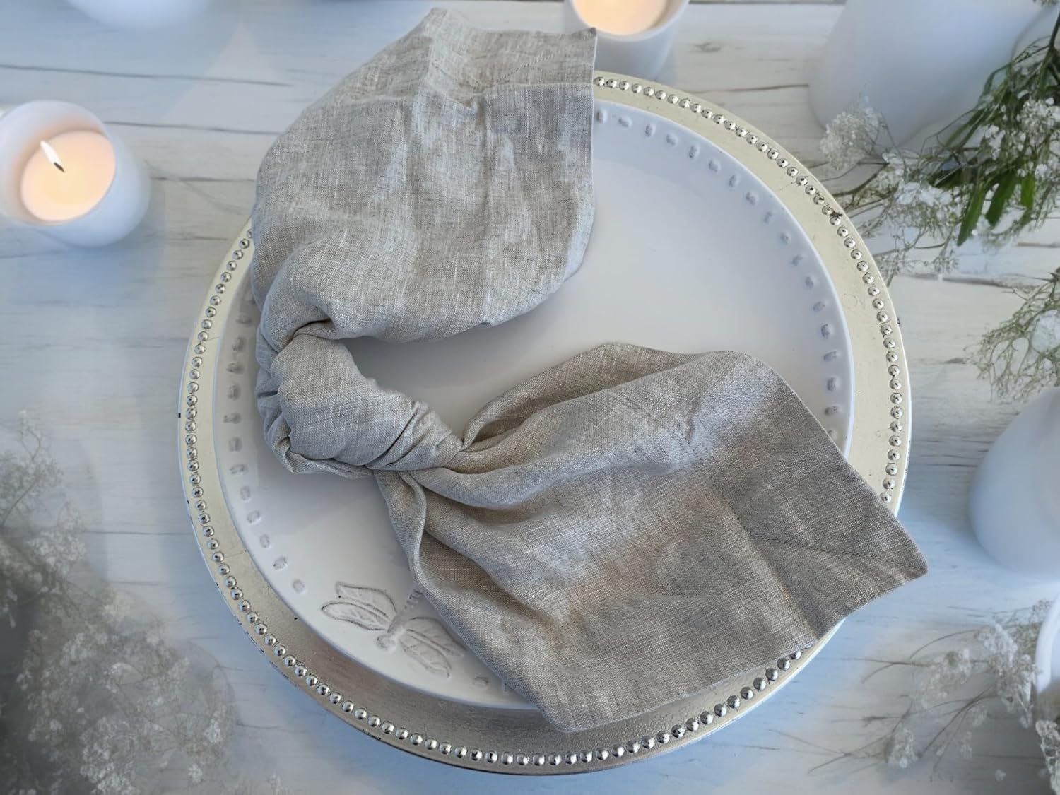 Eight Owls Linen Napkins - Stonewashed Pure Linen Cloth Napkins – Size 20 Inch x 20 Inch - 2 Inch Hem with Mitered Corners – 100% French Flax – Set of 4 Dinner Napkins, Rustic Luxe (Natural)