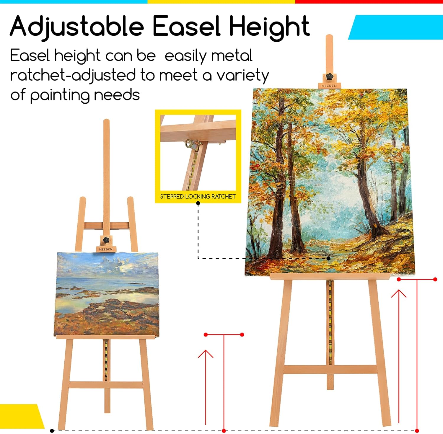 MEEDEN Large Basic Studio Easel: Hold Canvas up to 50'' Solid Beech Wood Artist Easel - Adjustable Height and Working Angles A-Frame Floor Painting Easel for Adults Artist Beginners Students