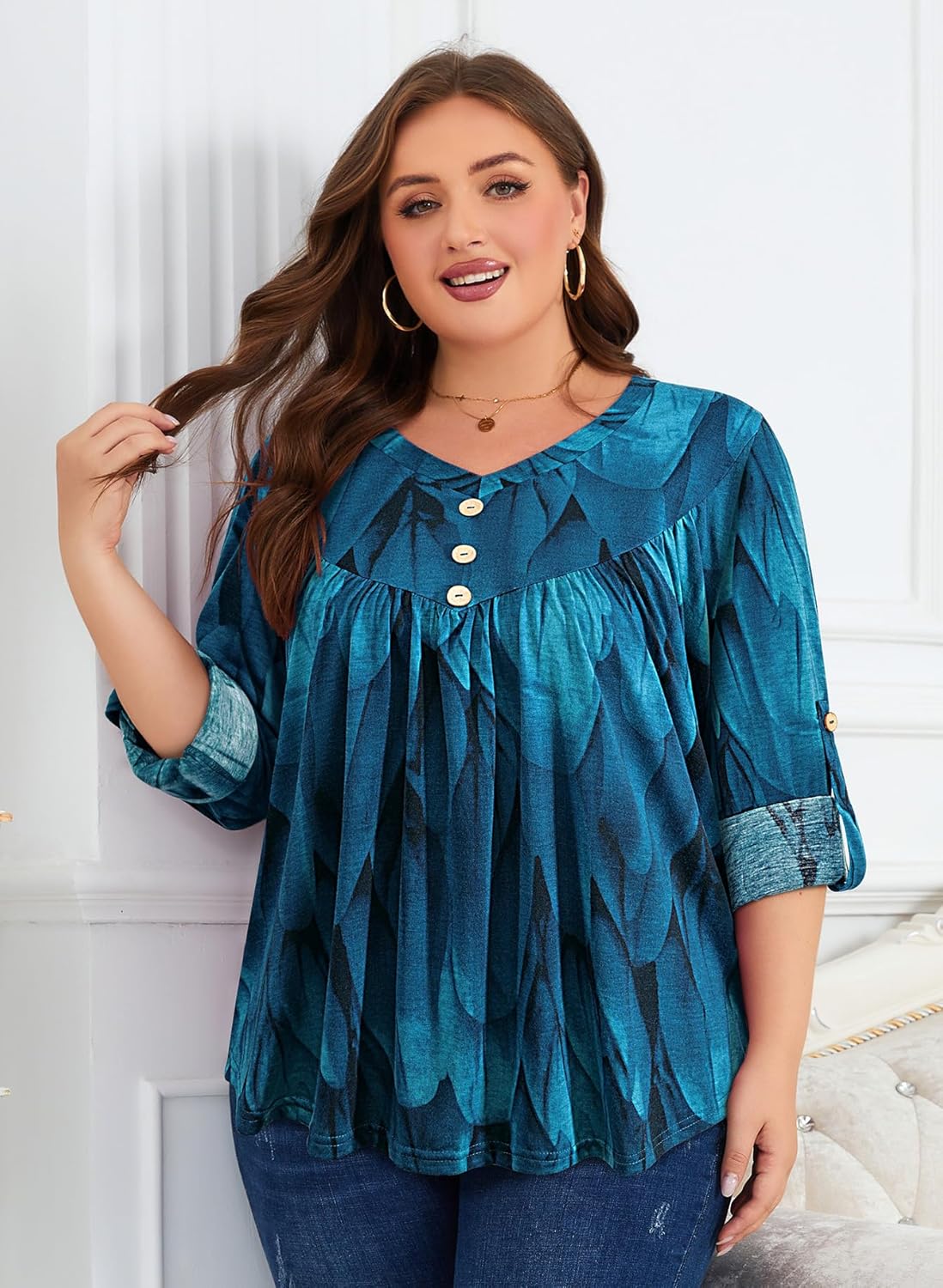 Siddhe Womens Plus Size Tops 3/4 Ruffle Sleeve Loose Fit Blouses Button Square Neck Shirt Casual Pleated Tunic Tops(1X-5X) - Image 5