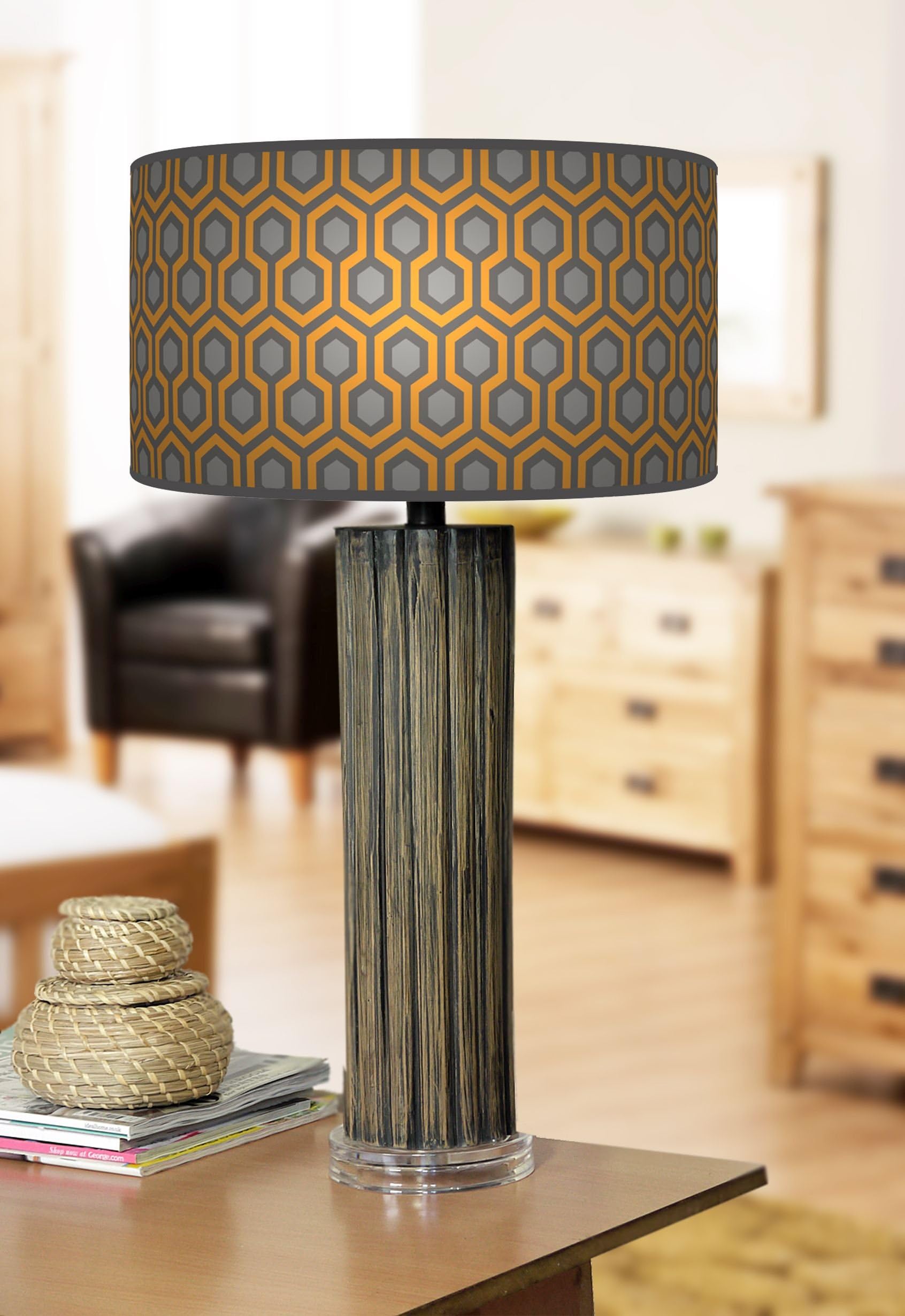 68cm Large Dark Bamboo Wood Table Lamp with Giclee Printed Geometric Lampshade Mustard Grey 795