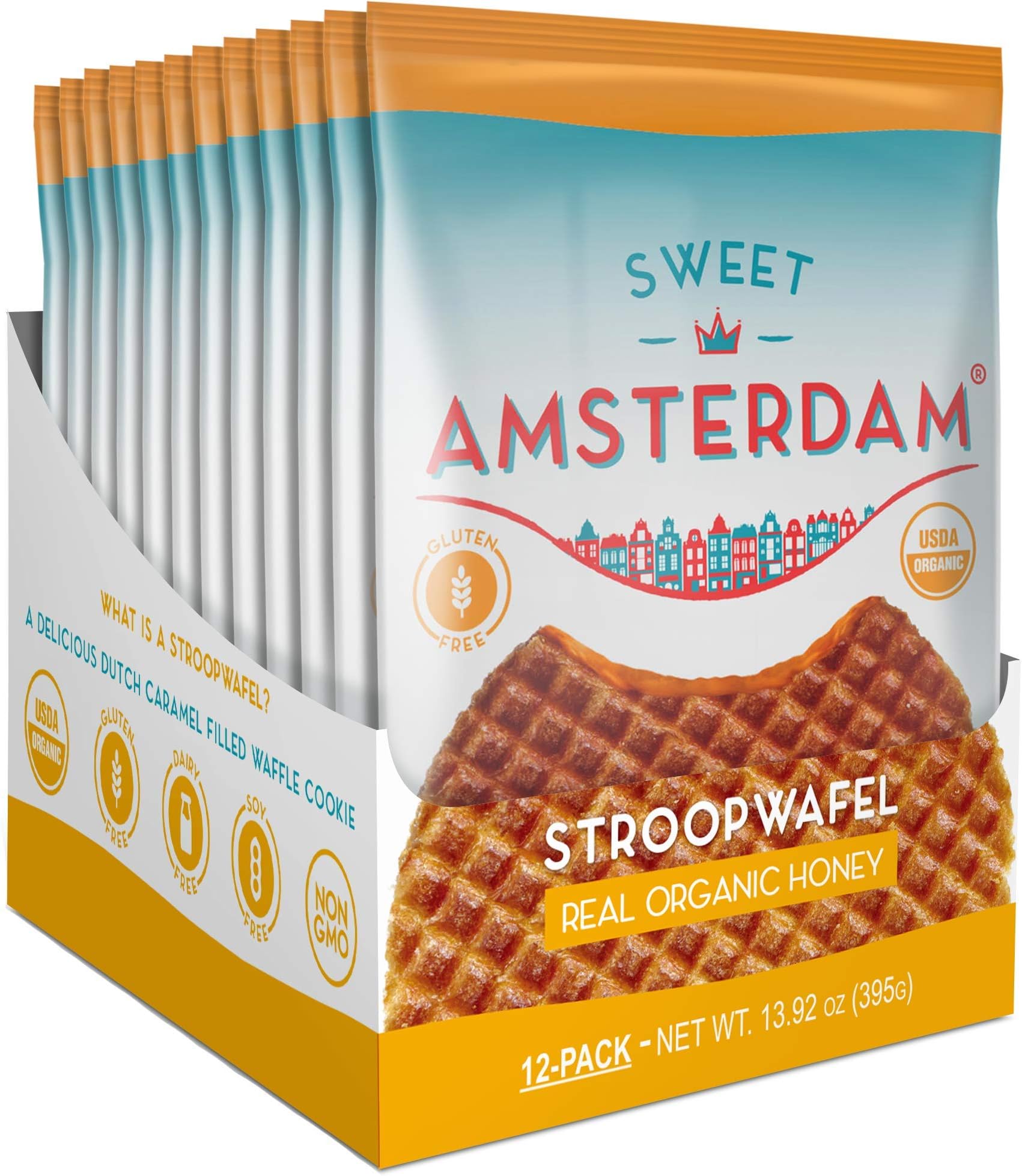 Sweet Amsterdam Stroopwafel | Waffles meet Cookies | Gluten & Dairy Free Snacks | Gluten Free Cookies, Gluten Free Waffles, Waffle, Cookie, Biscuits & Wafer Snacks | Real Organic Honey | 12-PACK
