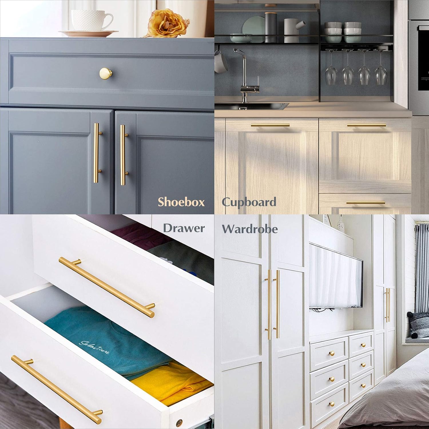 10 Pack 8" Brushed Brass Cabinet Cupboard Drawer Door Handle Pull Stainless Steel T bar Drawer pulls, 6" Length, 5" Hole Center