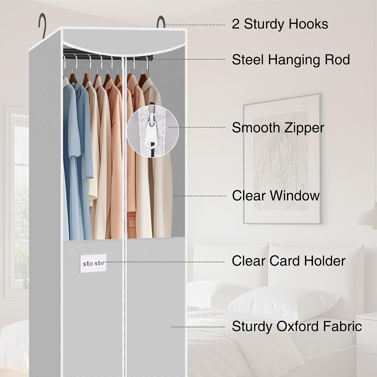 STO STO 2 Pack Garment Bag for Hanging Clothes Closet, Hanging Garment Cover with Built-in Steel Hanging Rod, Hanging Wardrobe Storage Bag for Suit, Dress with Clear Window, Zipper, ID Card, Gray