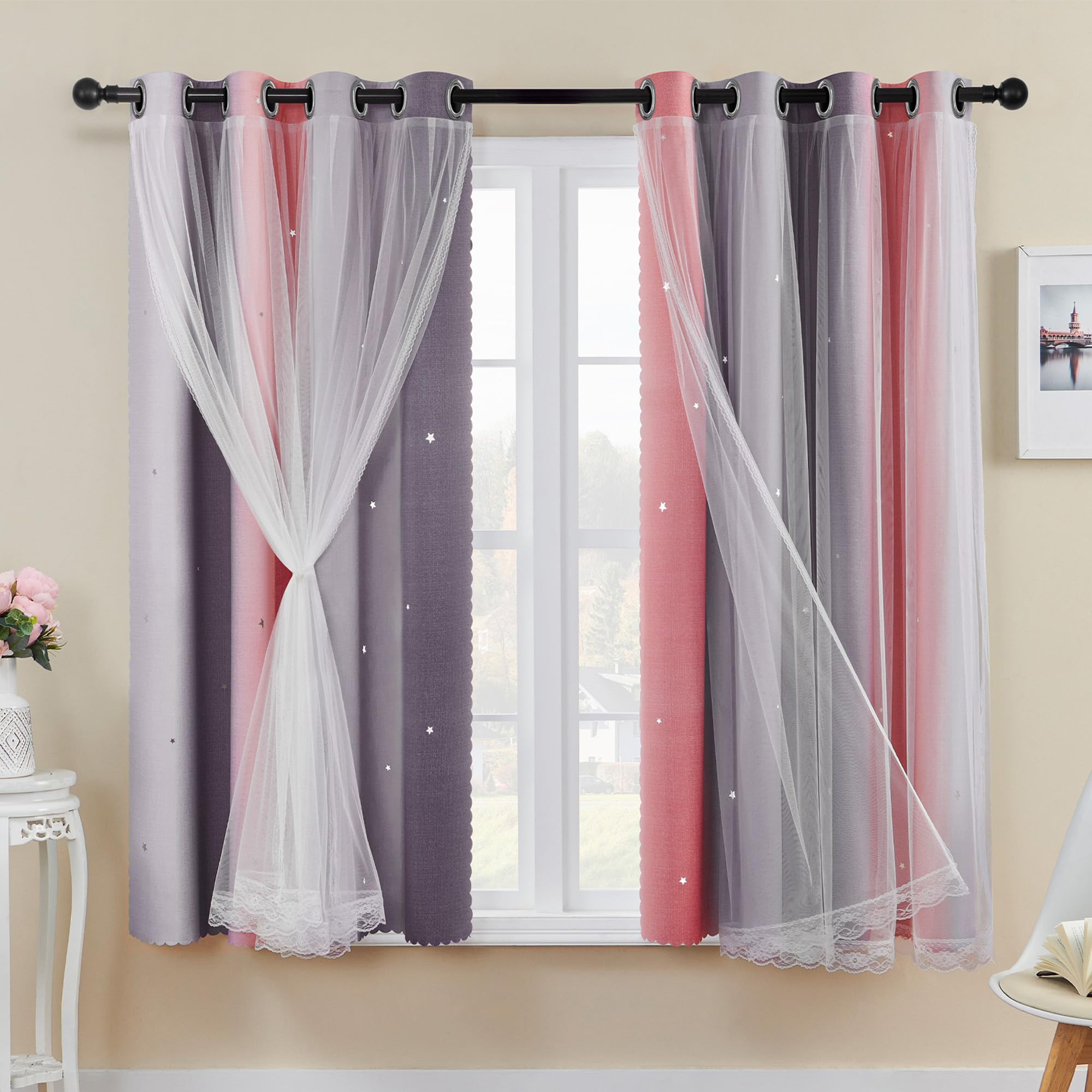 XiDi Graue Verdunkelungsvorhänge mit Netz 137 cm Drop Hollow Out Star Pattern Mix Weiß Voile Kurze transparente Vorhänge mit Ösen für Kinder Teenager Schlafzimmer