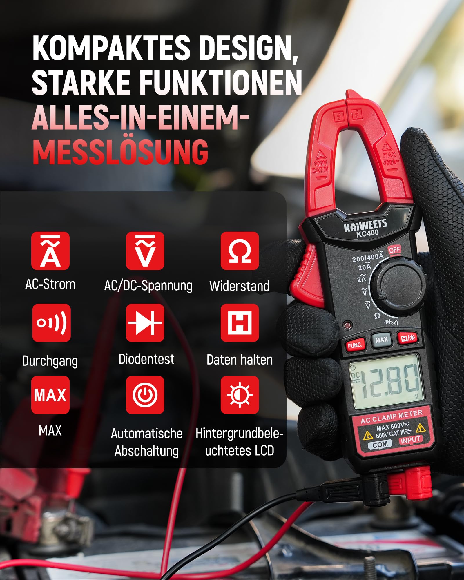 KAIWEETS Digital Stromzange, Tragbares Strommesszange 400A AC, 600V AC/DC, 2000 Counts, Auto Range Spannungsprüfer, Messgerät für Strom, Spannung, Widerstand, Durchgang & Diode, KC400