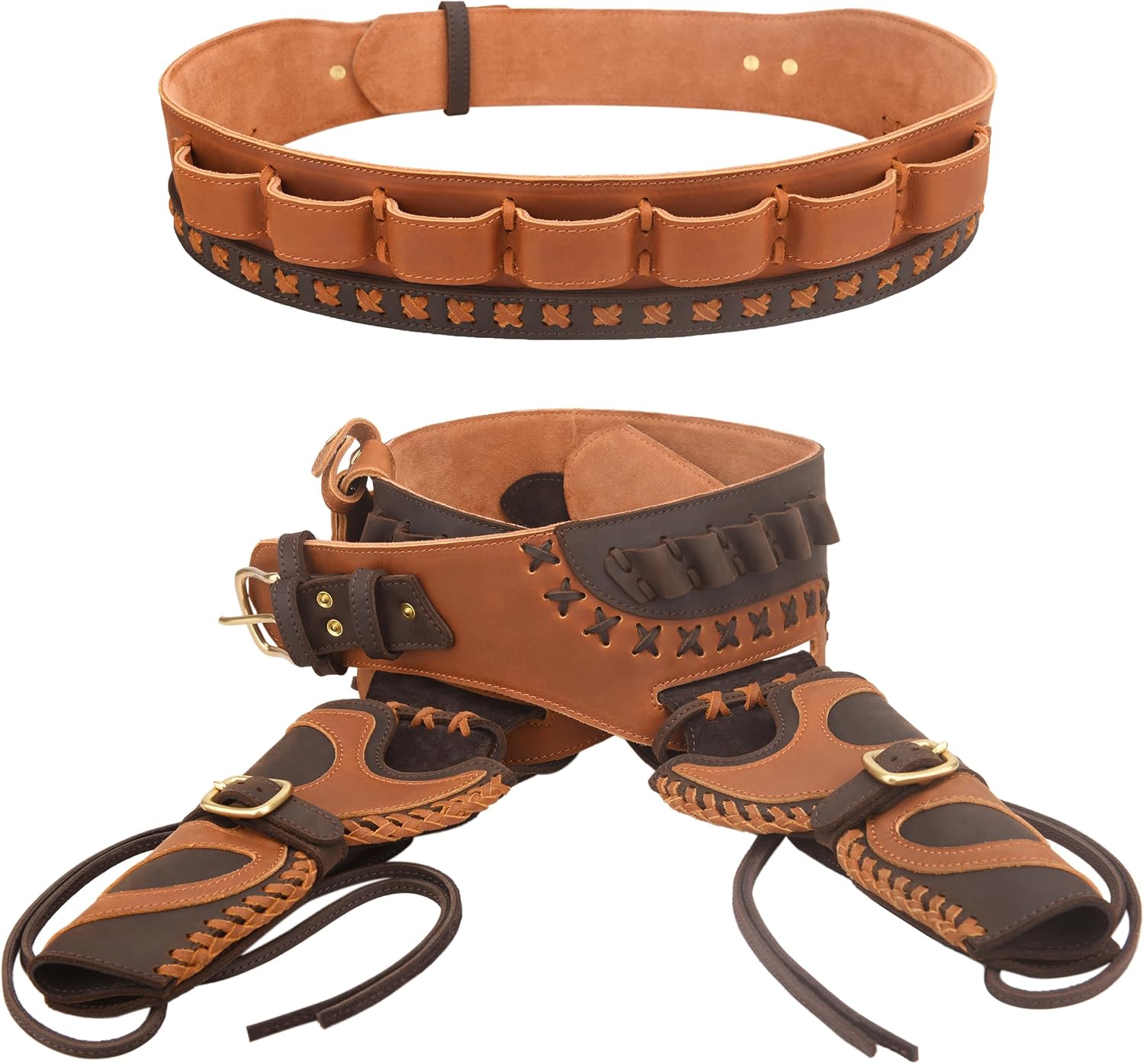 WAYNE'S DOG Western Leather Gun Holster Belt – Dual Revolver Holsters with Ammo Bandolier Cartridge Belt