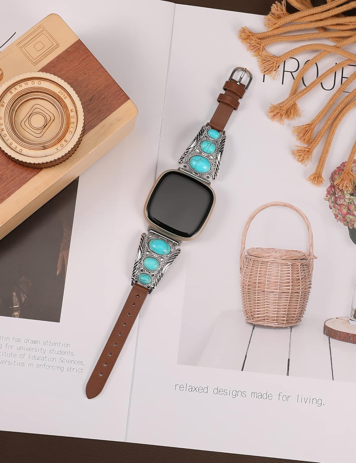 Minyee Leather Band Compatible with Fitbit Versa 4/Versa 3/Sense 2/Sense Band Women, Western Turquoise Boho Vintage Cowboy Retro Jewelry Adjustable Slim Replacement Wristband Strap for Versa 4/ Sense