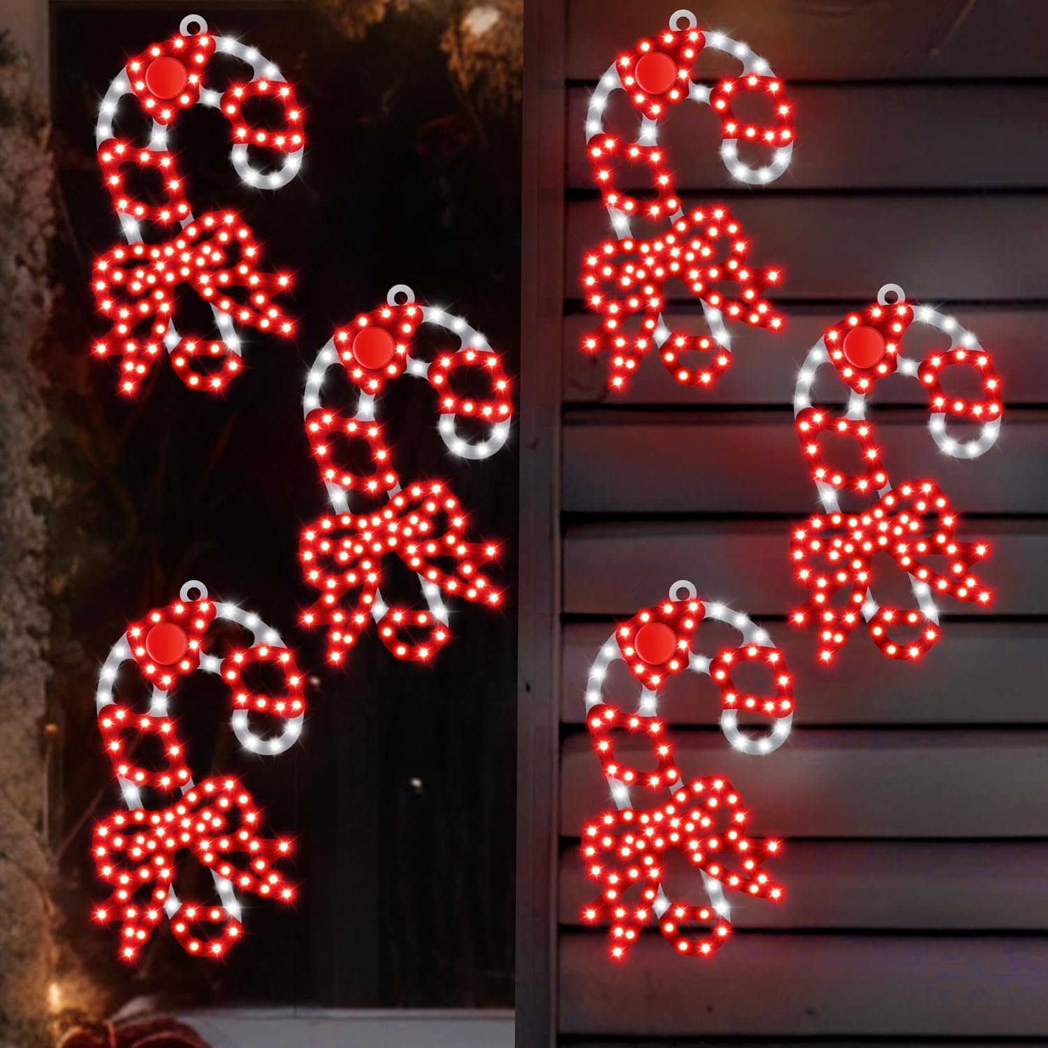 6 Pack 300 Hi Vibrant Twinkling Lighted LED Candy Cane Decoration, 10 in. Plug in Waterproof Red and White Christmas Candy Cane Window Light with 3 Suction Cups for Window, Walls, Porch