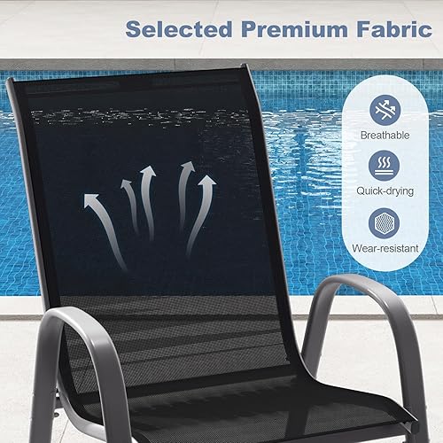 Miniatura 4 de MEDIMALL Juego de 4 sillas de patio, apilables, sillas de césped negras con reposabrazos y tela transpirable para todo tipo de clima, sillas de