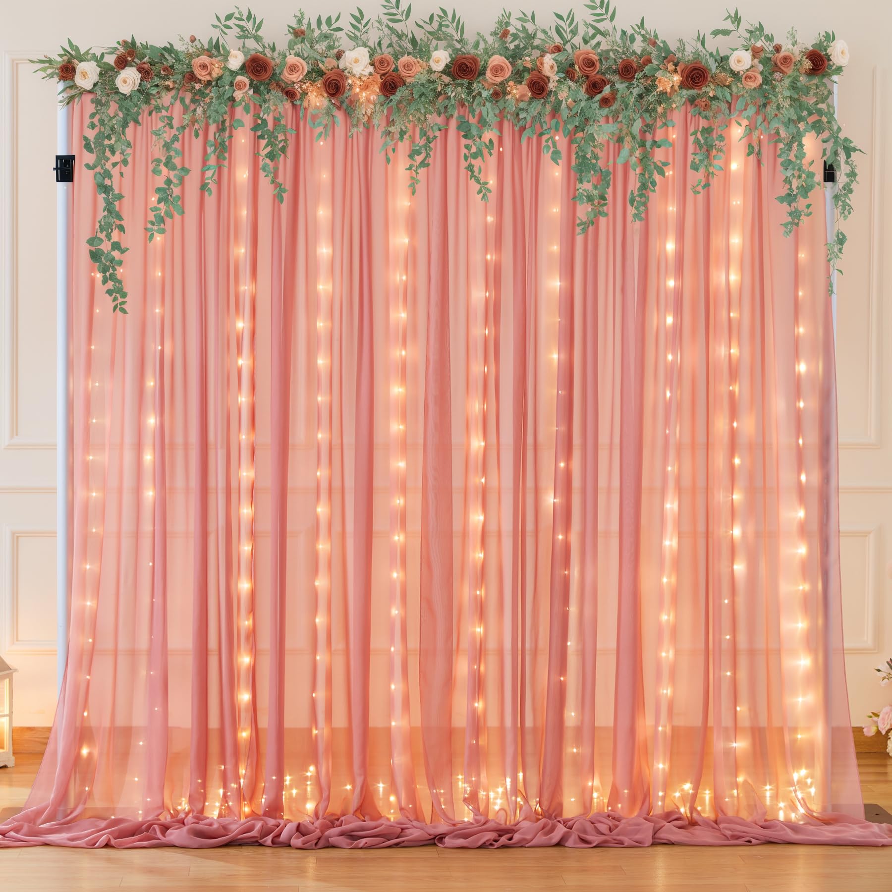 View 1 of 10ft x 7ft Dusty Rose Chiffon Backdrop Curtain with Lights String for Parites Wedding Wrinkle Free Curtain Photo Backdrops Drapes for Baby Shower Birthday Party Home Decorations