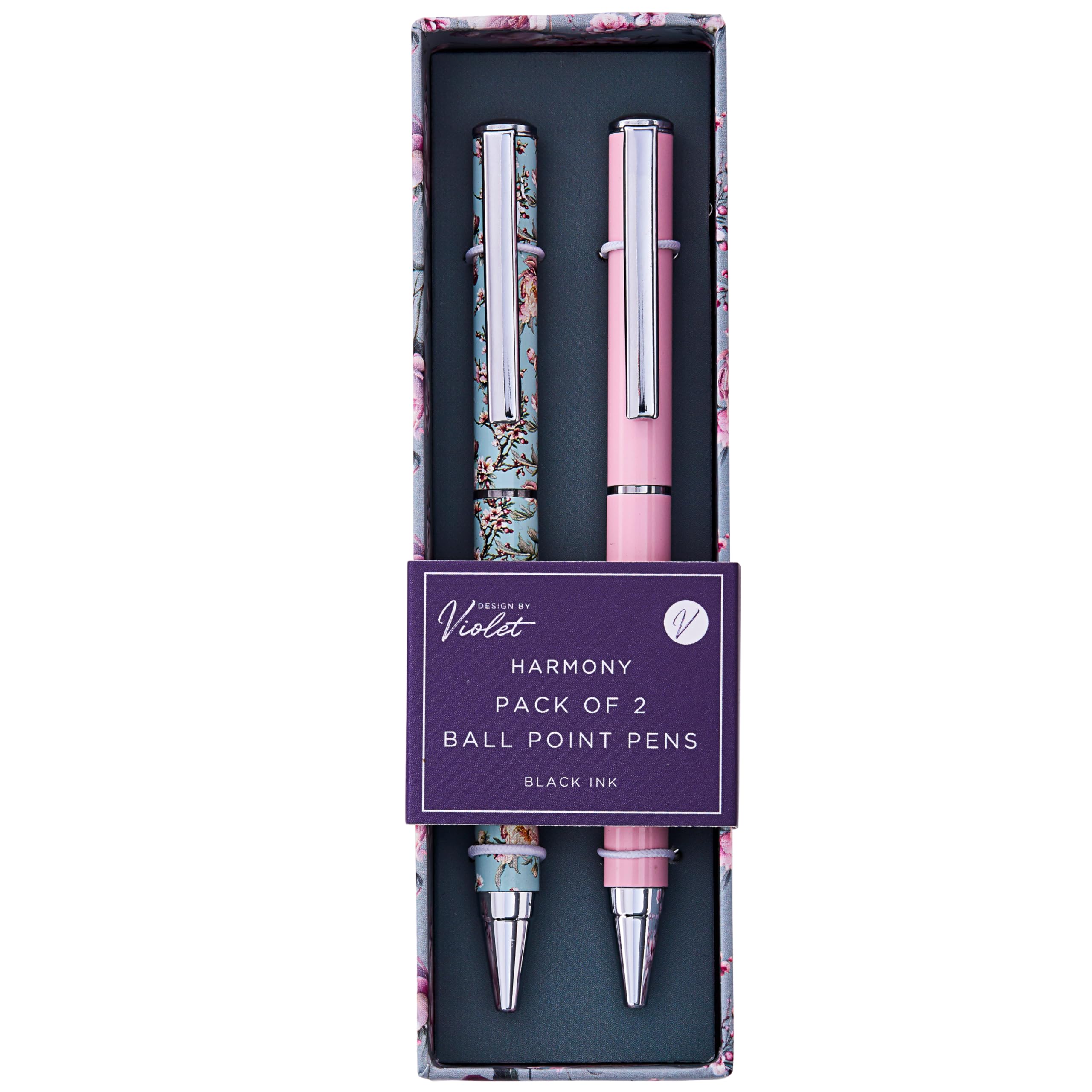 Design By Violet Harmony Double Pack Pens, Light Blue & Light Pink Ballpoint Pens with Floral Pattern & Clip