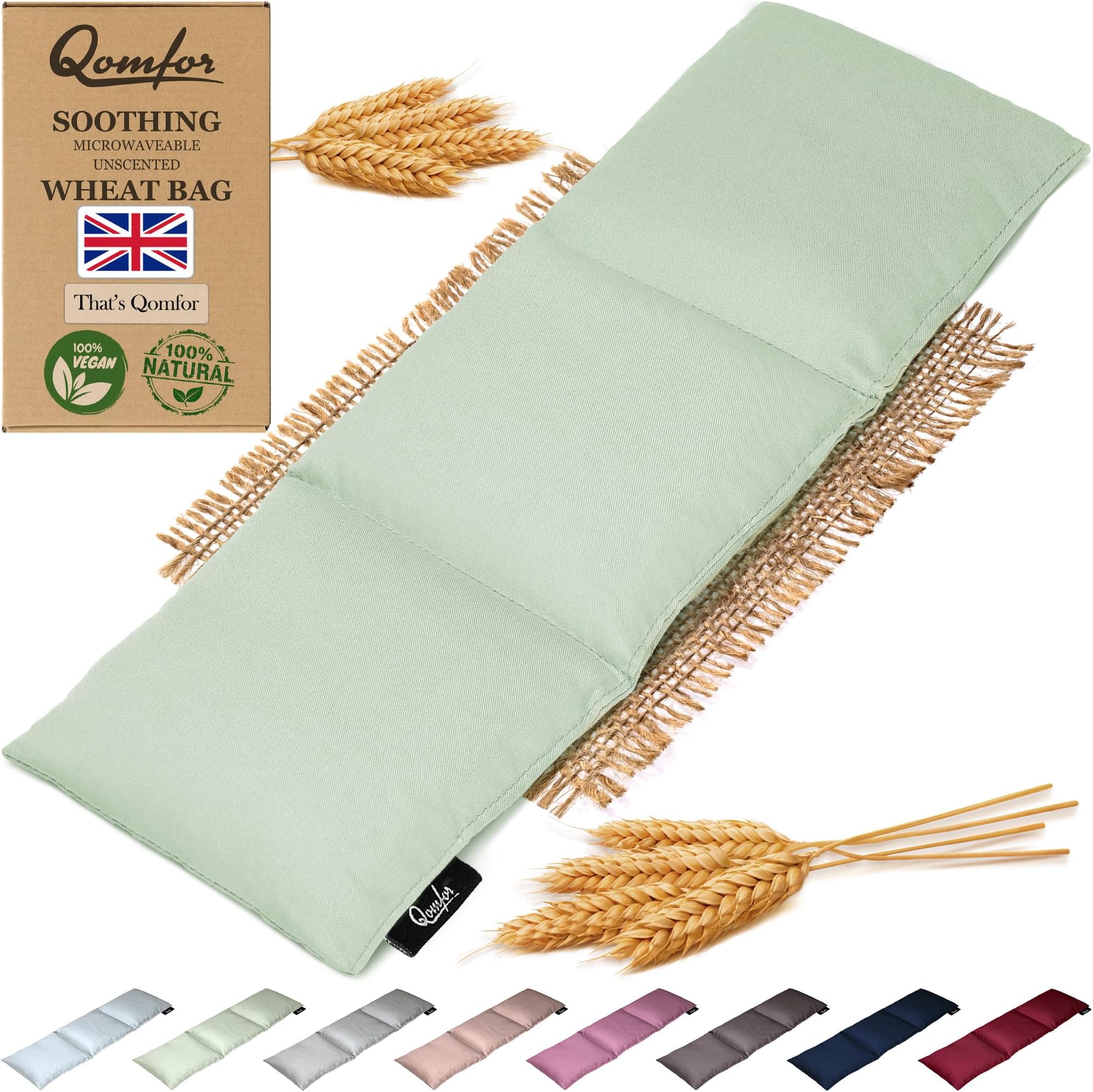 Wheat Bags Microwavable, Light Green, 3-Chamber Heating Pad for Pain Relief | Qomfor microwave heat pad / warming pillow, heat pack for neck, shoulders & period cramps, reusable hot & cold therapy bag