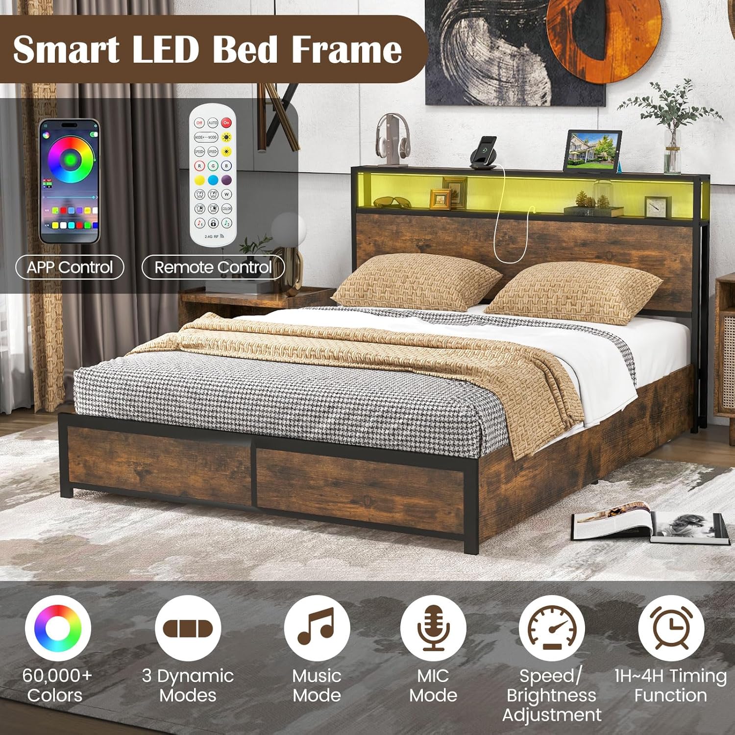 KOMFOTT Industrial Queen LED Bed Frame with Charging Station & 4 Storage Drawers, Metal Platform Bed with LED Storage Headboard & Type-C Port, Noise Free, No Box Spring Needed, Rustic Brown