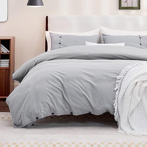 Bedsure Grey Duvet Cover Queen - 100% Washed Cotton Duvet Cover Set, Luxury Soft Bedding Set with Buttons Closure, Grey, 1 Duvet Cover, 2 Pillow Shams