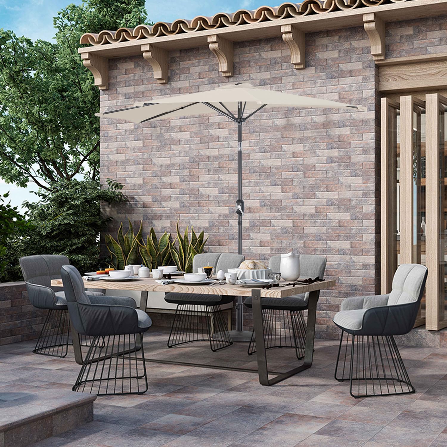 Angel Living Half Circular Parasol, Sombrilla Semicircular 250cm de Acero, Mástil Central de Acero de 38 mm, Para Jardín Patio Balcón