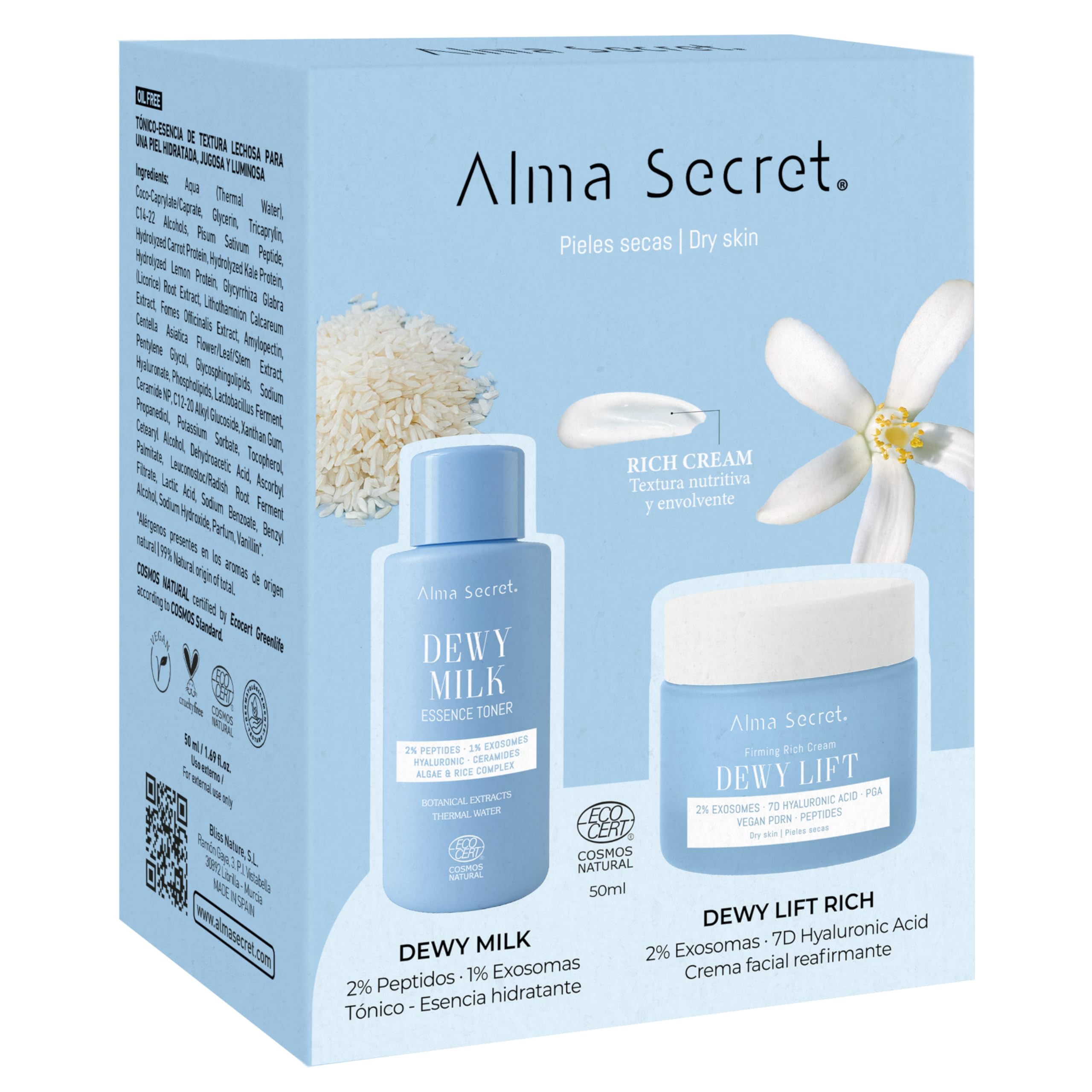 Alma Secret Mini Dewy Milk und Dewy Lift Rich Cream | Feuchtigkeitsspendende und straffende Gesichtscreme mit feuchtigkeitsspendender Creme und tonisierender Essenz | Geeignet für trockene Haut |