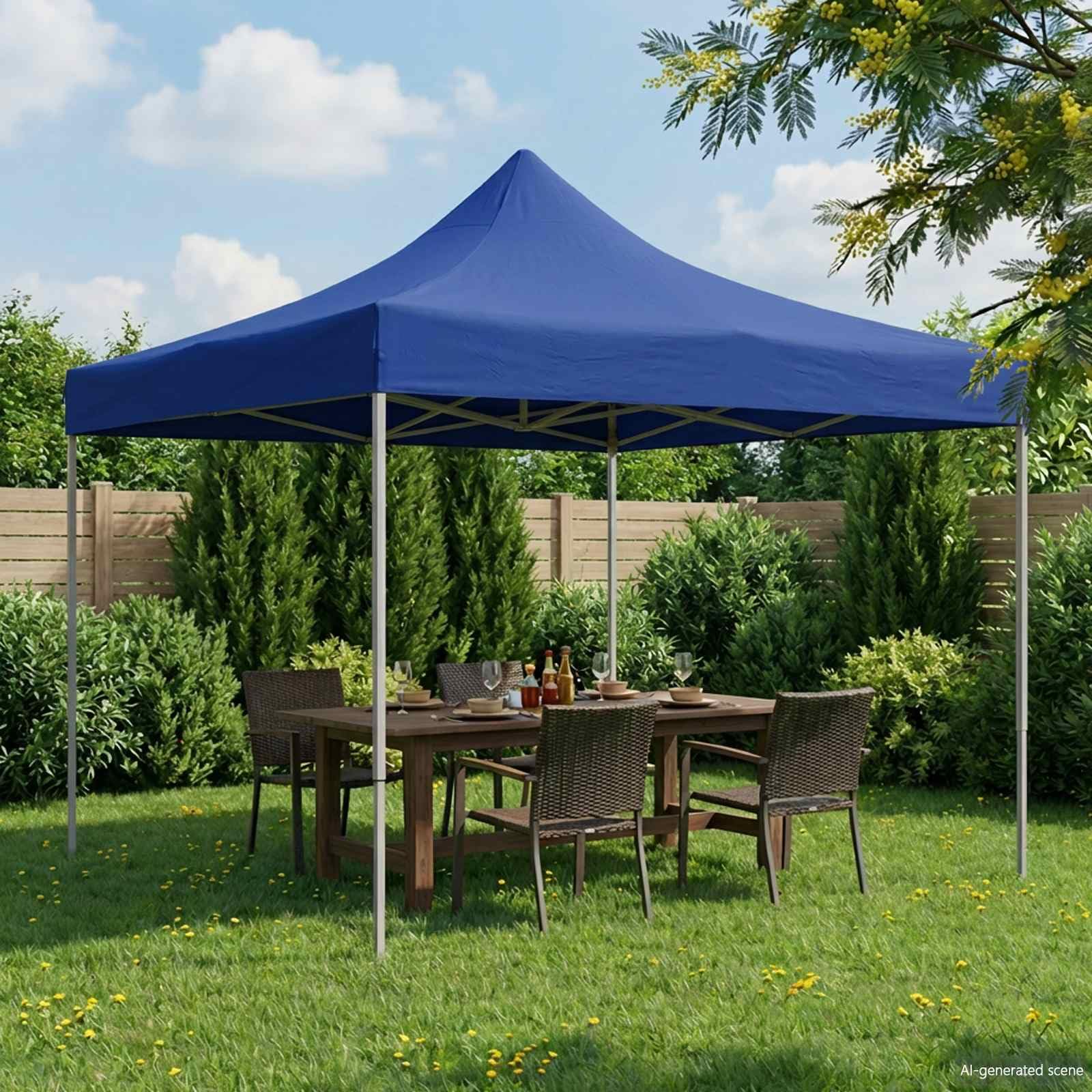 Namiot imprezowy niebieski z tkaniny Oxford 291 x 291 x 315 cm z ramą malowaną proszkowo, składana konstrukcja, łącznie z linkami i koziołkami, idealny do ogrodu, na taras, kemping i