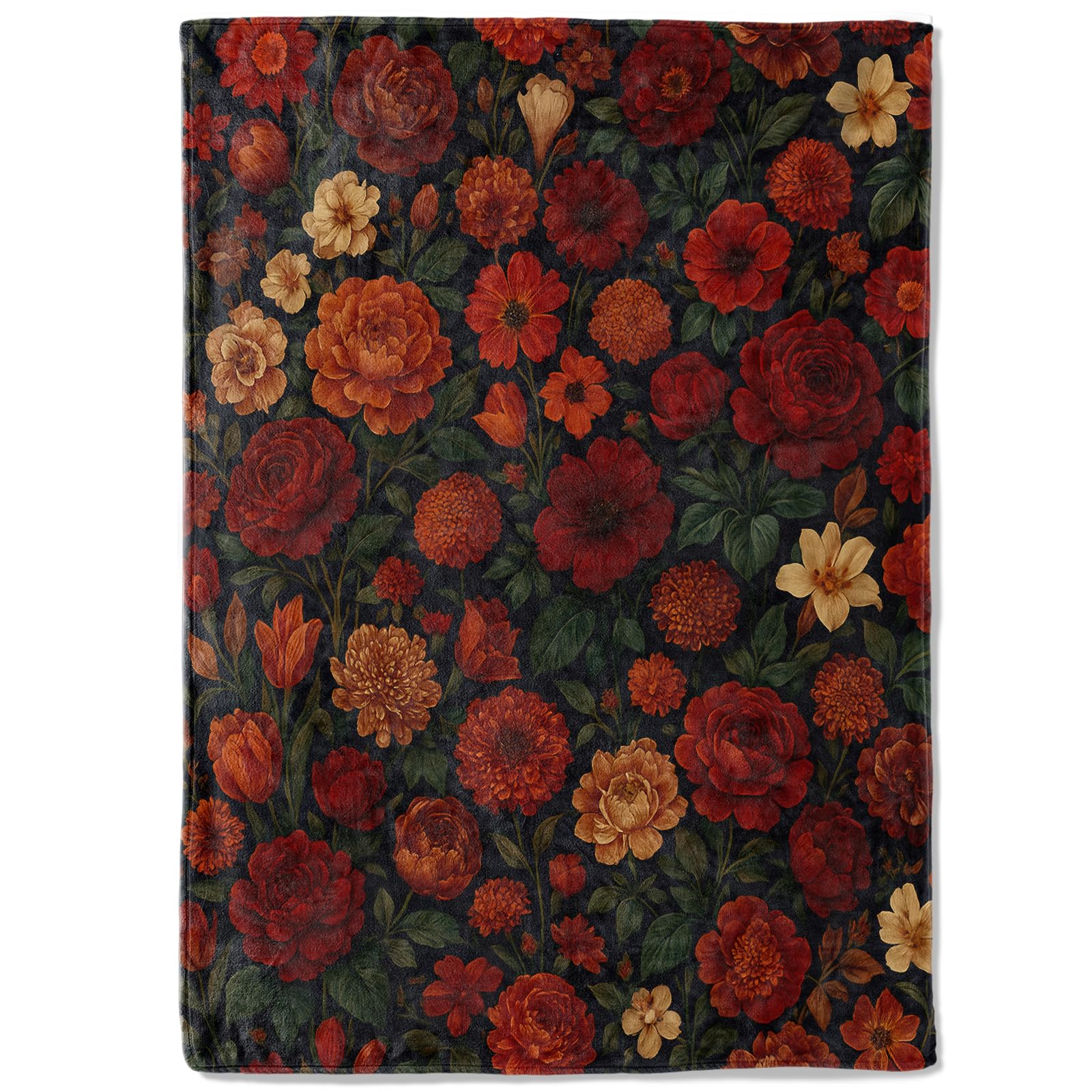 coedoaes Vintage Dark Floral Fleece Blanket,50x60in,Red Orange Peony and Autumn Garden Flower Black Throw Blankets,Soft Cozy Lightweight, Ideal for