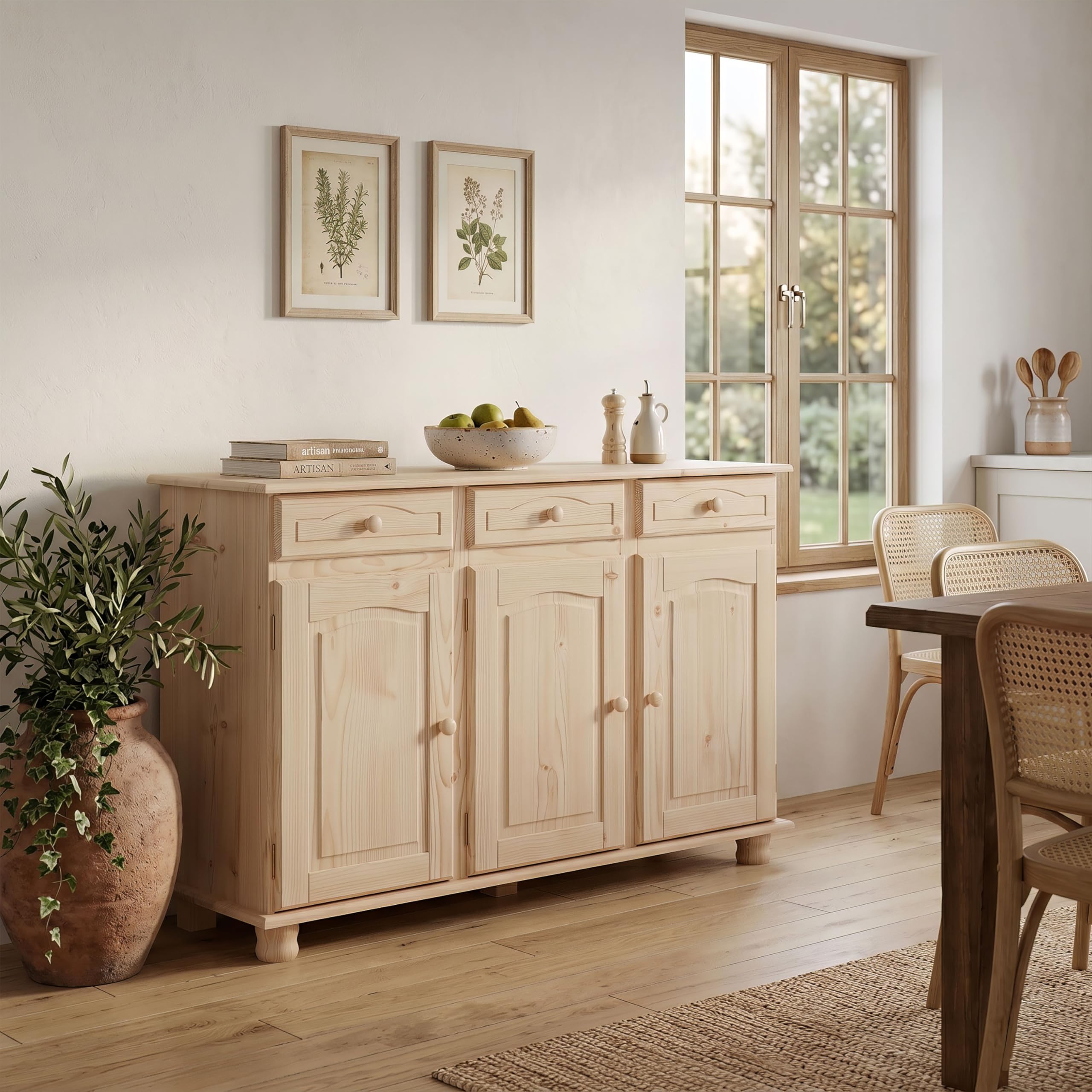 Dogar Altea aparador de 3 Puertas y 3 cajones 86x130x42 cm, AltoxAnchoXfondo, Acabado sin barnizar Mueble Fabricado en Pino Madera de Macizo