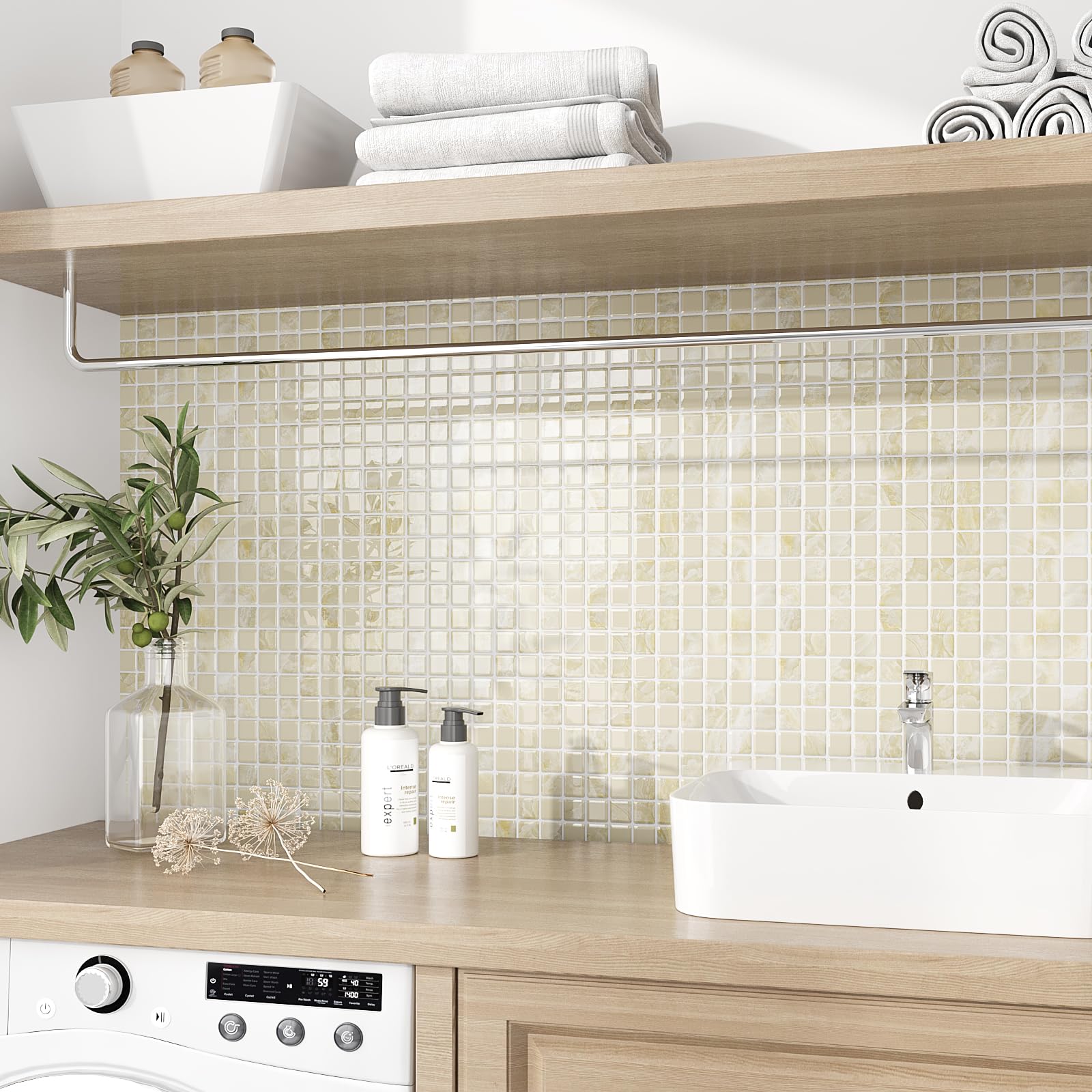 VEELIKE 12 fogli di piastrelle color crema beige con mosaico per paraschizzi e paraschizzi, per cucina e bagno, impermeabili, adatte per affittuari, paraschizzi, paraschizzi, per pareti della cucina,