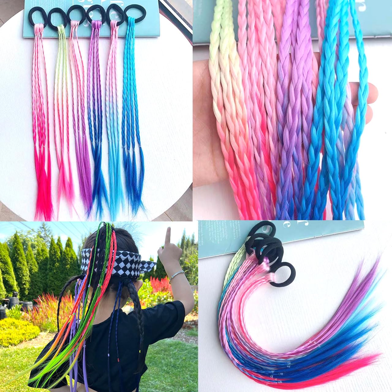 Extensiones de cabello trenzadas de colores con bandas de goma, trenzadas de arco iris, accesorios para el cabello para mujeres, niños, niñas, fiestas, cosplay, disfraces (12 unidades, estilo C)