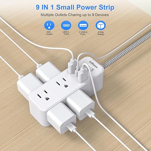 Miniatura 2 de Regleta protectora contra sobretensiones, cable de extensión de enchufe plano de 5 pies con múltiples tomas, 6 salidas con 3 puertos USB (1 USB C),