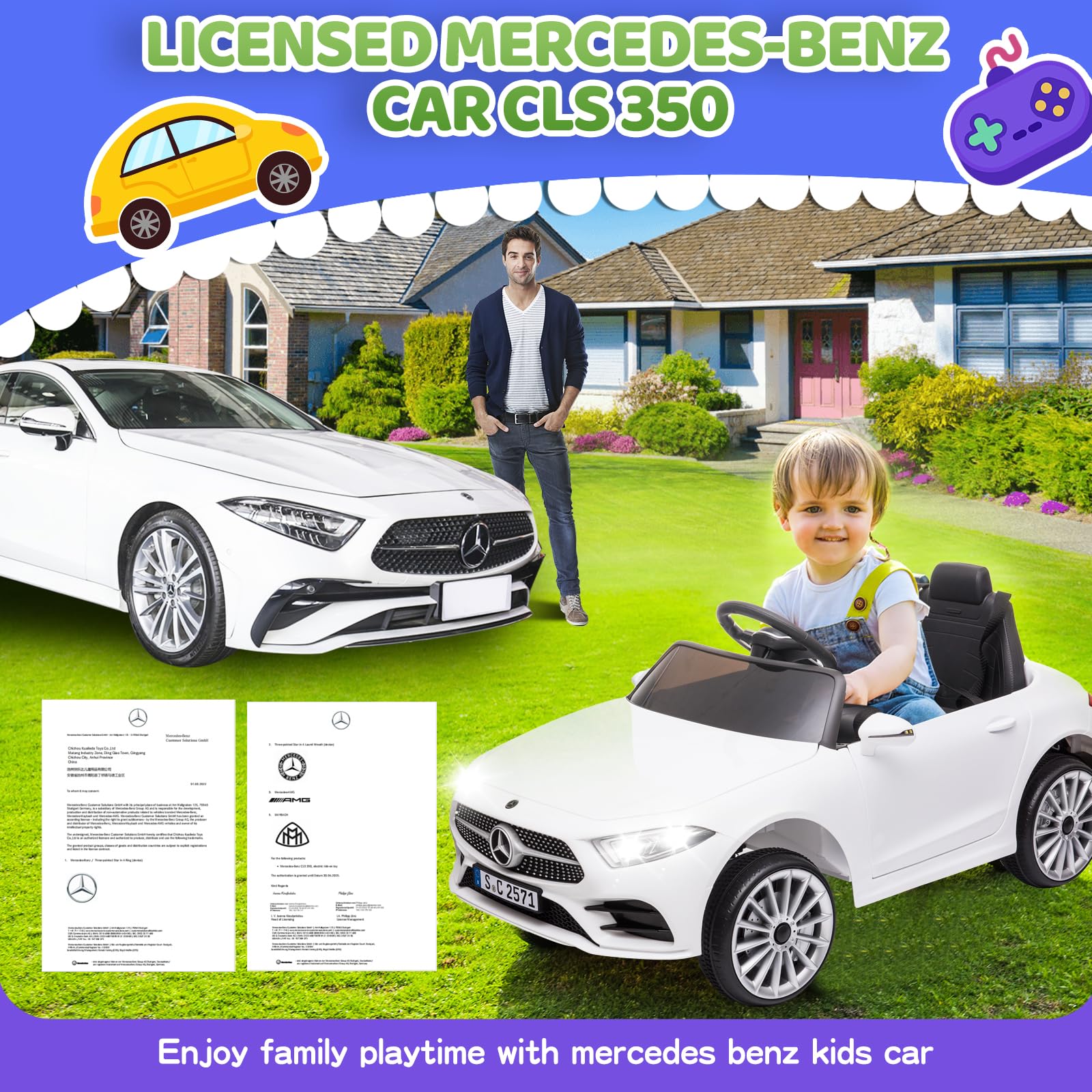 Skiicoo Mercedes Benz Car for Kids, 12V Electric Car for Toddlers 1-3 Remote Control Electric Ride on Toys Car for Baby Girls Boys Birthday Gifts, Music, 3 Speeds (White)