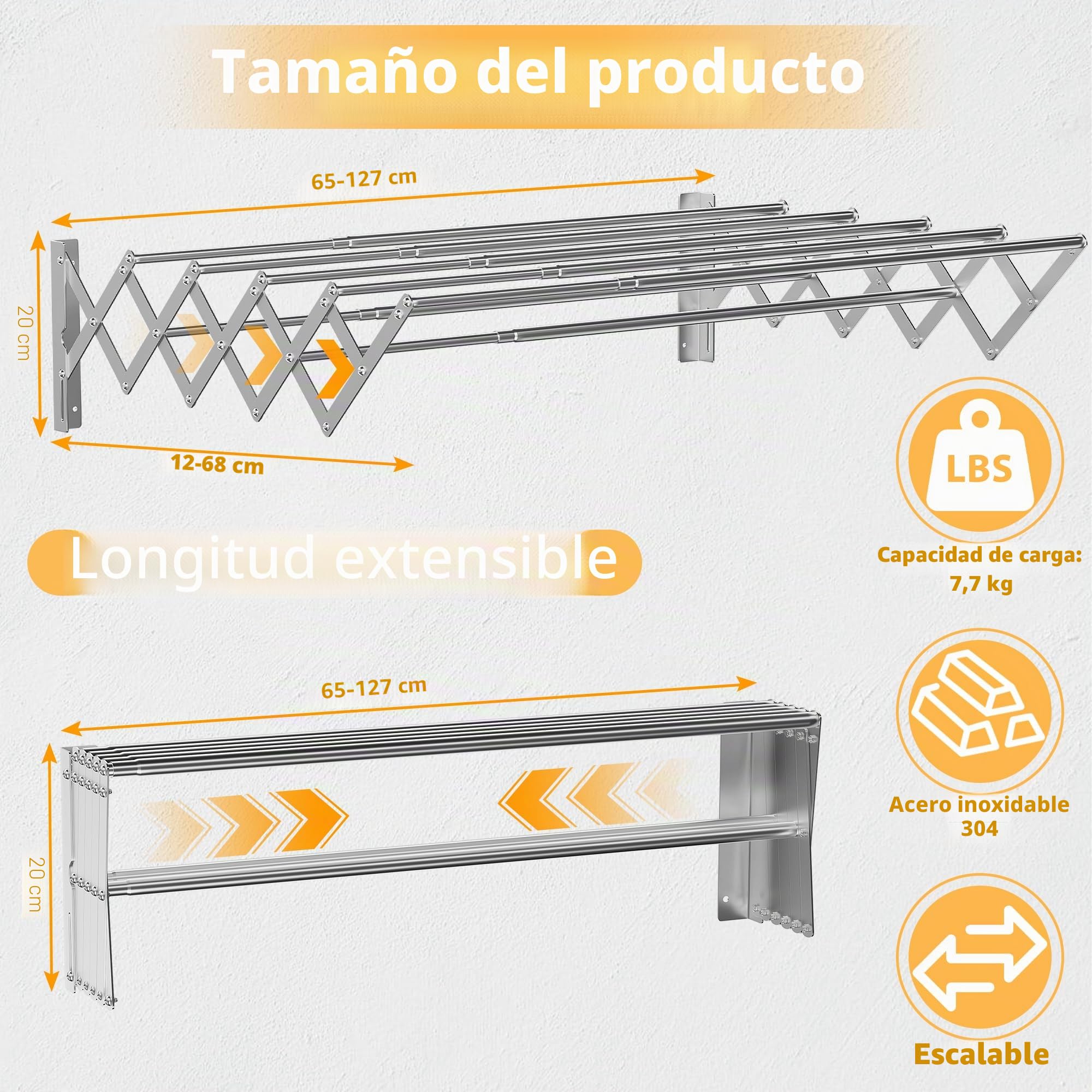 OUUTMEE Tendedero de pared de acero inoxidable extensible, área telescópica frontal y trasera: 12~68cm, con siete varillas de tracción, capacidad de carga 7.5kg (Plata)